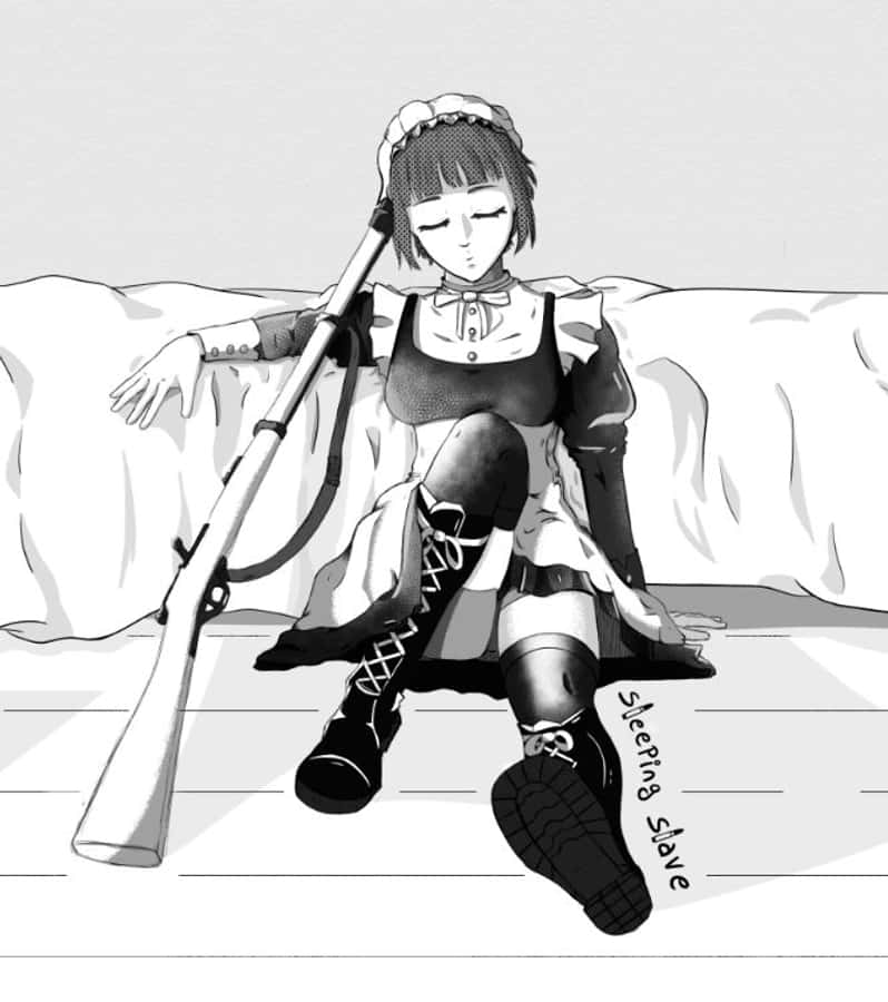 Mey-rin 桌布 壁紙 — 一個黑白動畫女孩穿著女僕裝，靠著身旁的步槍安詳地睡著。