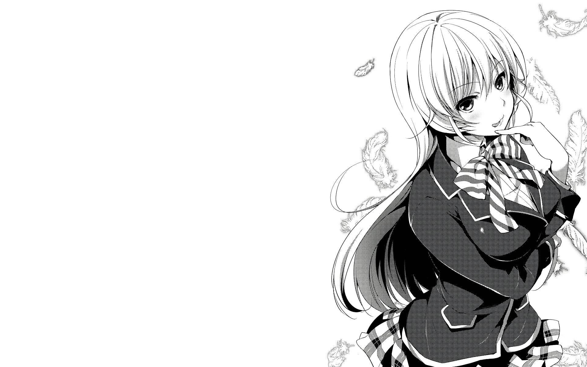 food wars shokugeki no soma 桌布 壁紙 — 一個黑白動畫女孩穿著校服，微笑著，羽毛在她周圍飄動。