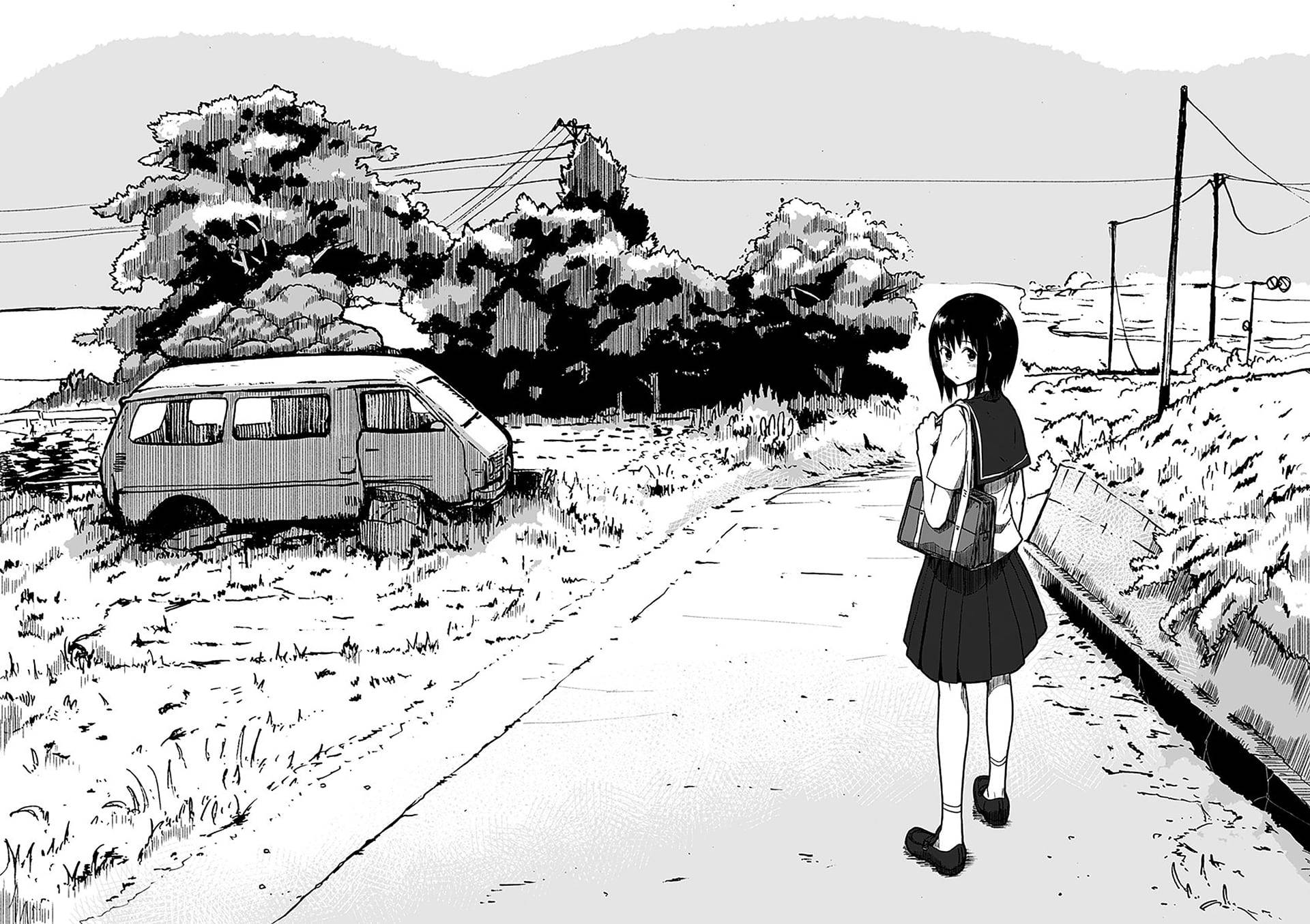 Black And White Anime 桌布 壁紙 — 一個黑白動畫女孩穿著校服，沿著鄉村道路走過一輛停泊的貨車，背景有樹木和山丘。