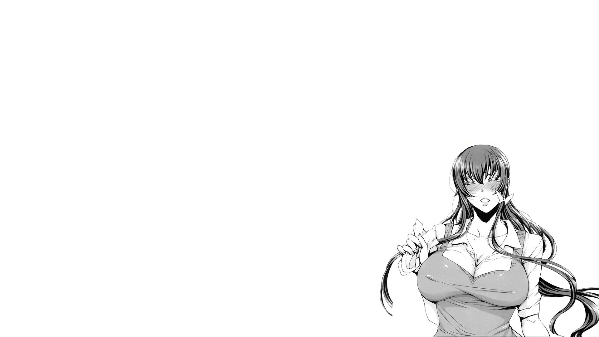 White Anime 桌布 壁紙 — 一個黑白動畫女孩長髮，站在純白色背景前，手持一朵花。