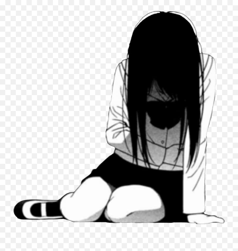 動畫女孩坐在地上，低著頭，用長長的黑髮遮住臉。 — 憂鬱動漫女孩 GIF 壁紙