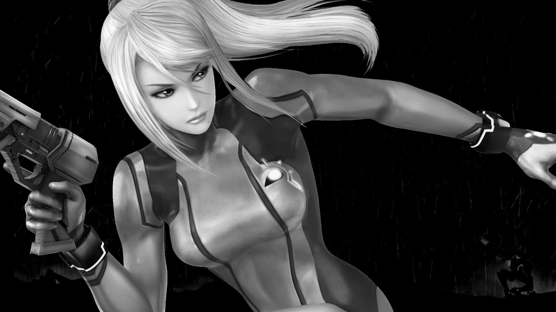 Zero Suit Samus 桌布 壁紙 — 一個黑白動畫女性，飄逸的金色頭髮，在陰雨黑暗的背景中瞄準一把未來風格的手槍。