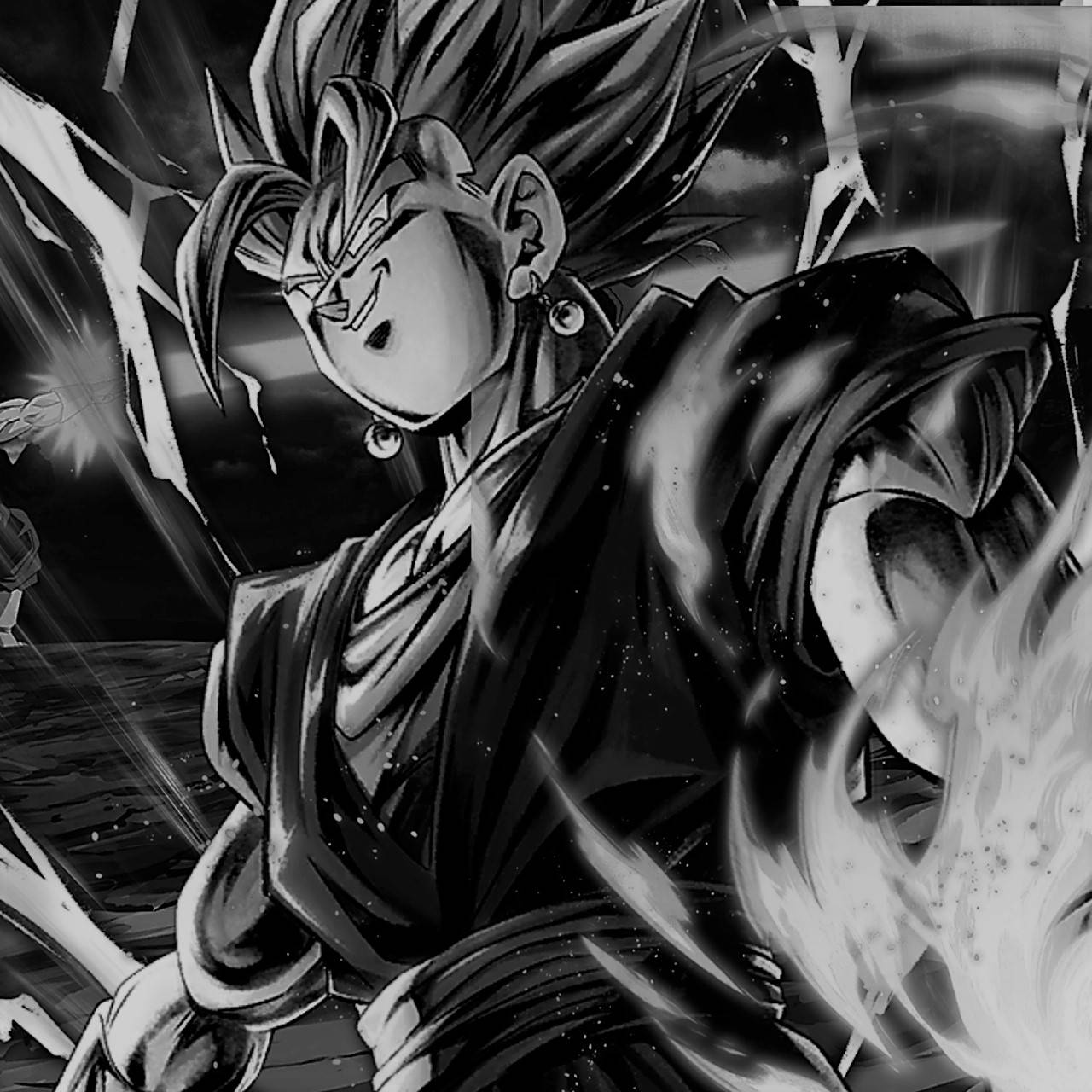 Goku Black And White 桌布 壁紙 — 一個黑白動畫戰士，有著尖刺頭髮和強烈表情，在動態戰鬥場景中釋放能量。
