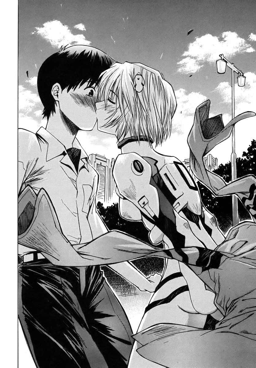 Shinji Ikari 桌布 壁紙 — 一個黑白動畫漫畫面板顯示兩個角色在城市天際線背景下熱情接吻，背景中有損壞的路燈和碎片。