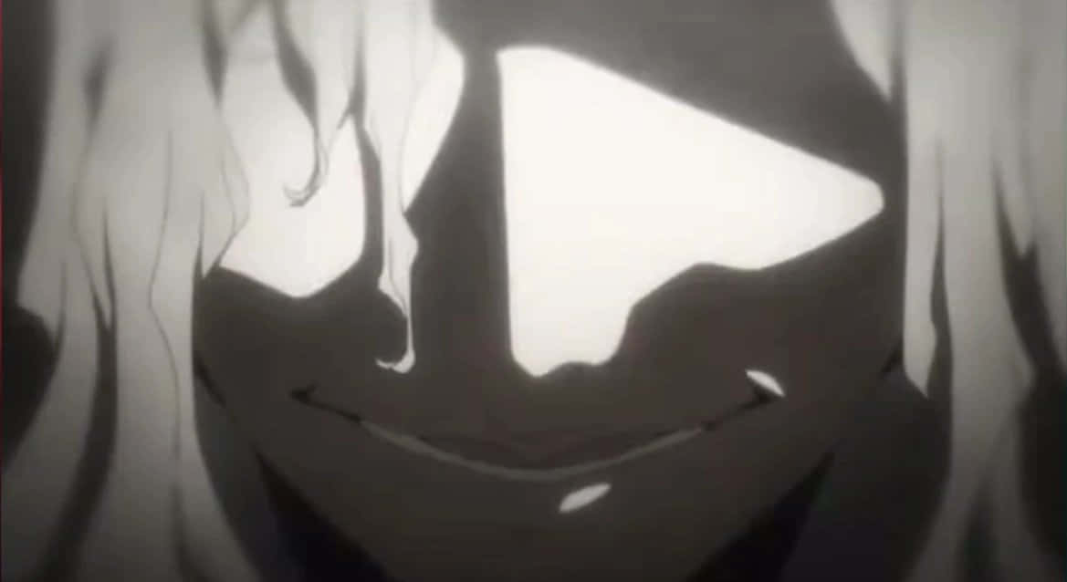 The Promised Neverland Peter Ratri 桌布 壁紙 — 一個黑白動畫特寫，角色露出燦爛笑容，雙眼發光，被飄逸的頭髮框住。