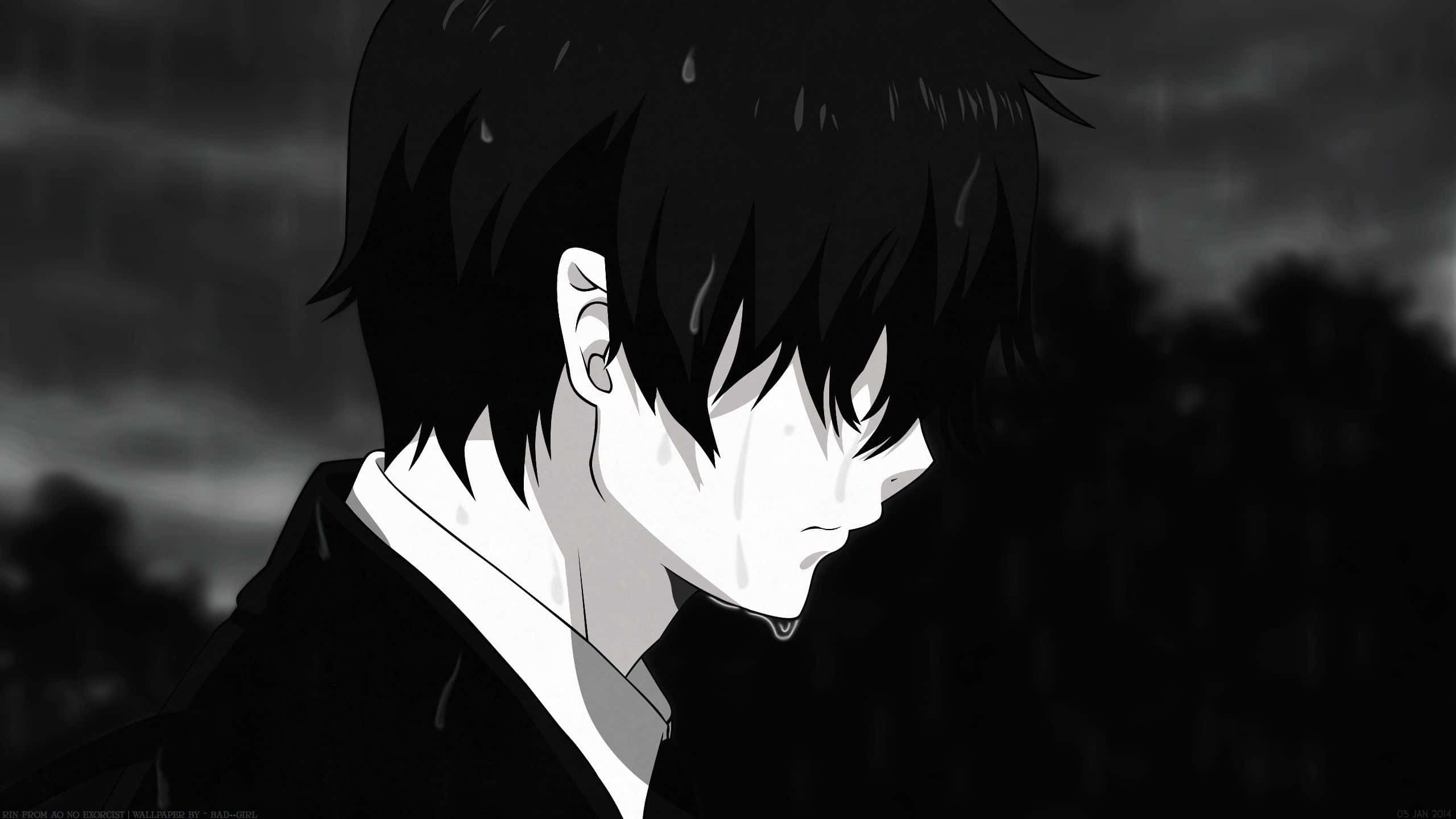 動漫男孩 桌布 壁紙 — 一個黑白動畫男孩，濕髮和淚水劃過臉龐，在黑暗的暴風雨天空下悲傷地低頭。