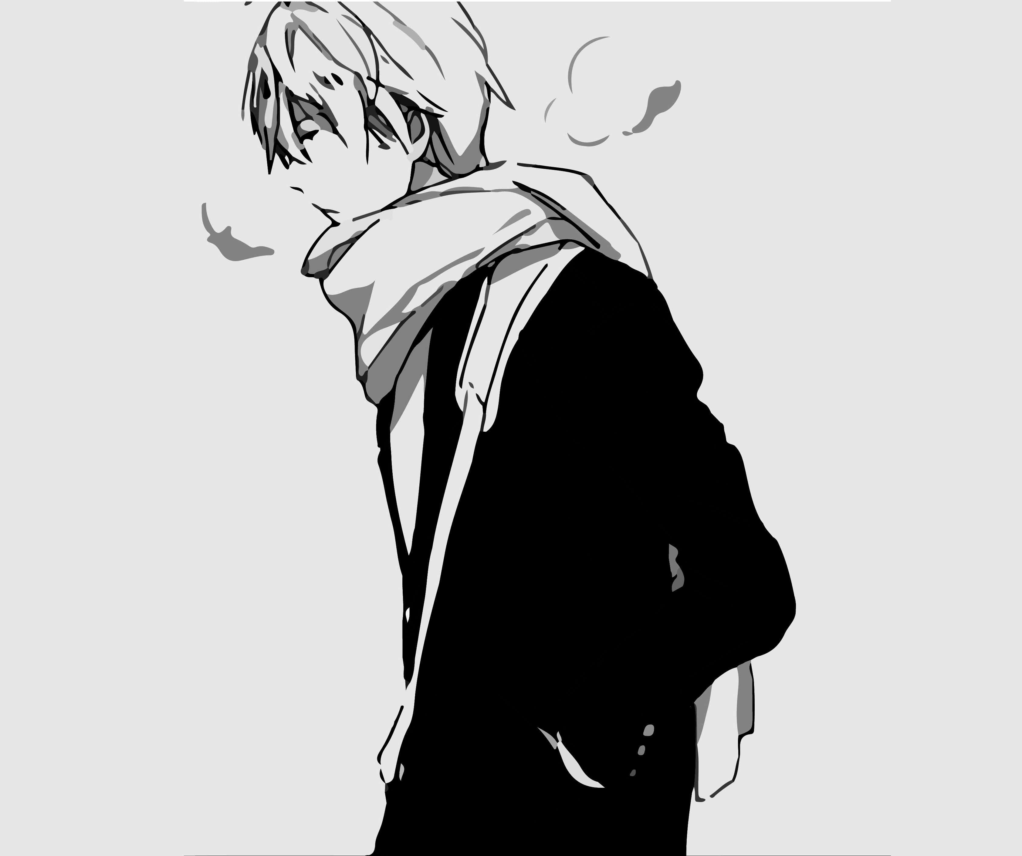 動漫男孩 桌布 壁紙 — 一個黑白動畫男孩，頭髮凌亂，圍著圍巾，在純色背景下向下凝視。