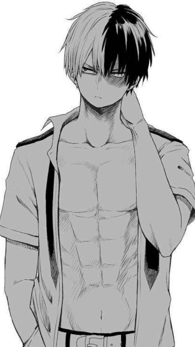 Crazy Anime Boy 桌布 壁紙 — 一個黑白動畫男性，頭髮半黑半灰，腹肌分明，一手放在脖子上站立。
