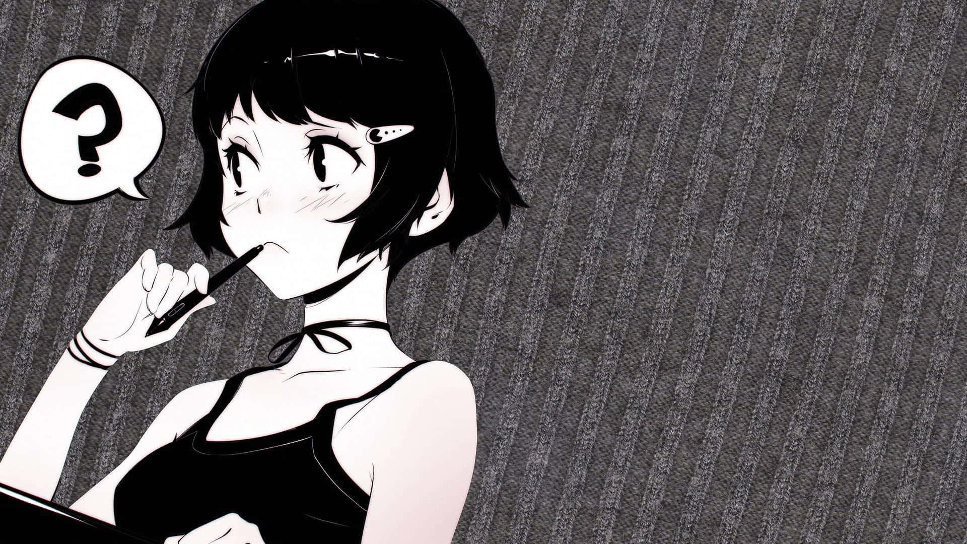 anime black and white 桌布 壁紙 — 一個黑白動畫短髮女孩將筆放在唇邊，旁邊漂浮著一個問號對話氣泡。