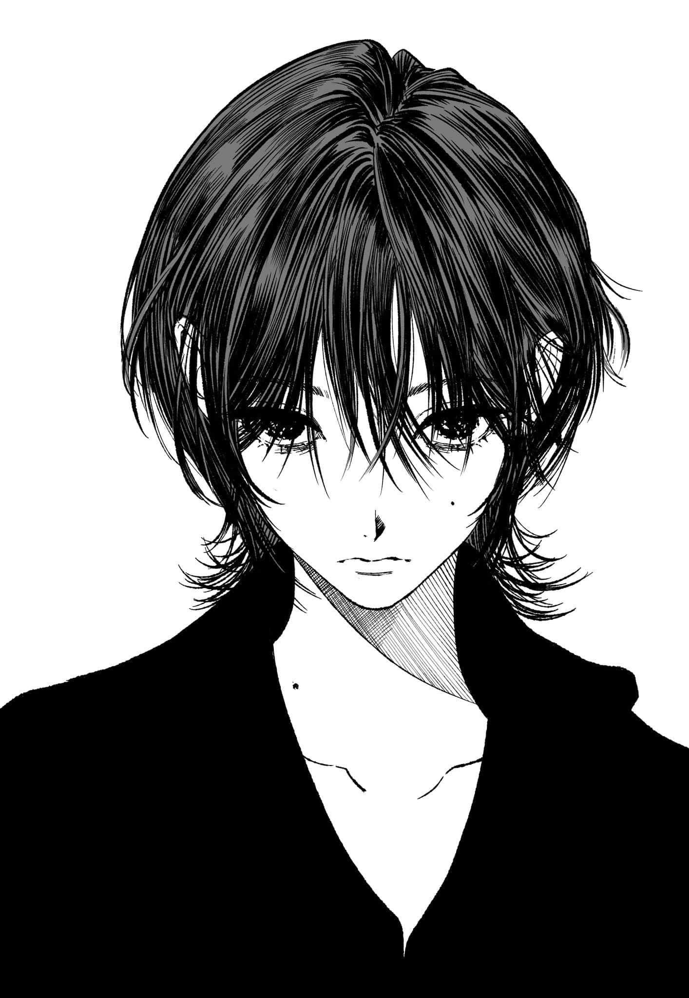 Cute Anime Profile 桌布 壁紙 — 一個黑白動畫肖像，描繪一位年輕男子，頭髮蓬亂，眼神銳利，直視前方。