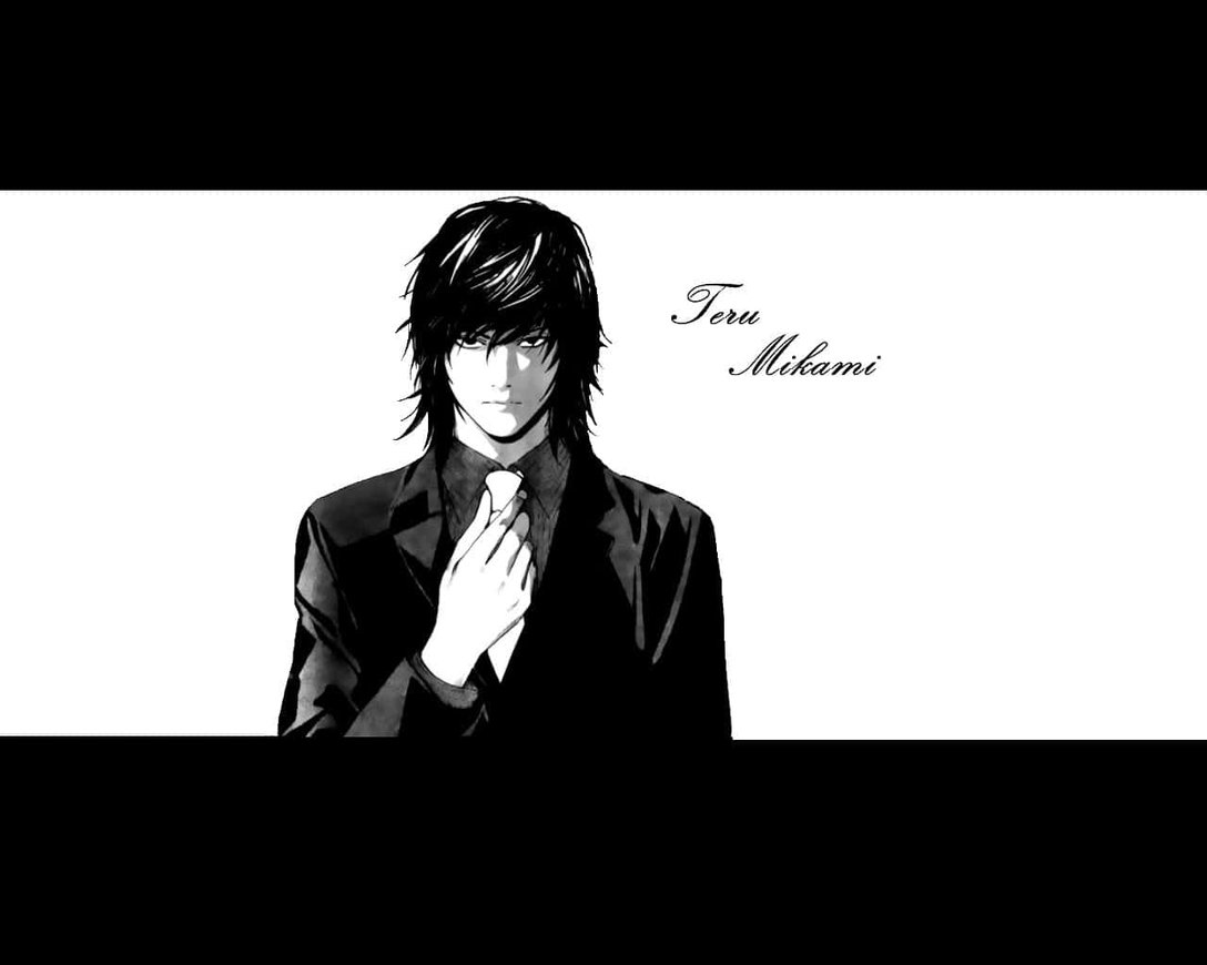 Teru Mikami 桌布 壁紙 — 一個黑白動畫肖像，照美神在純白背景前調整領帶。