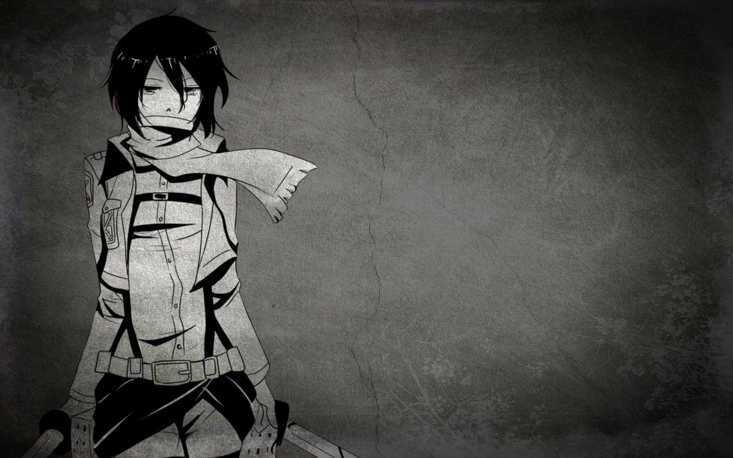 Mikasa 桌布 壁紙 — 一個黑白動畫角色，戴著圍巾和武器，站在一個有裂紋紋理的牆前，處於粗糙的城市環境中。