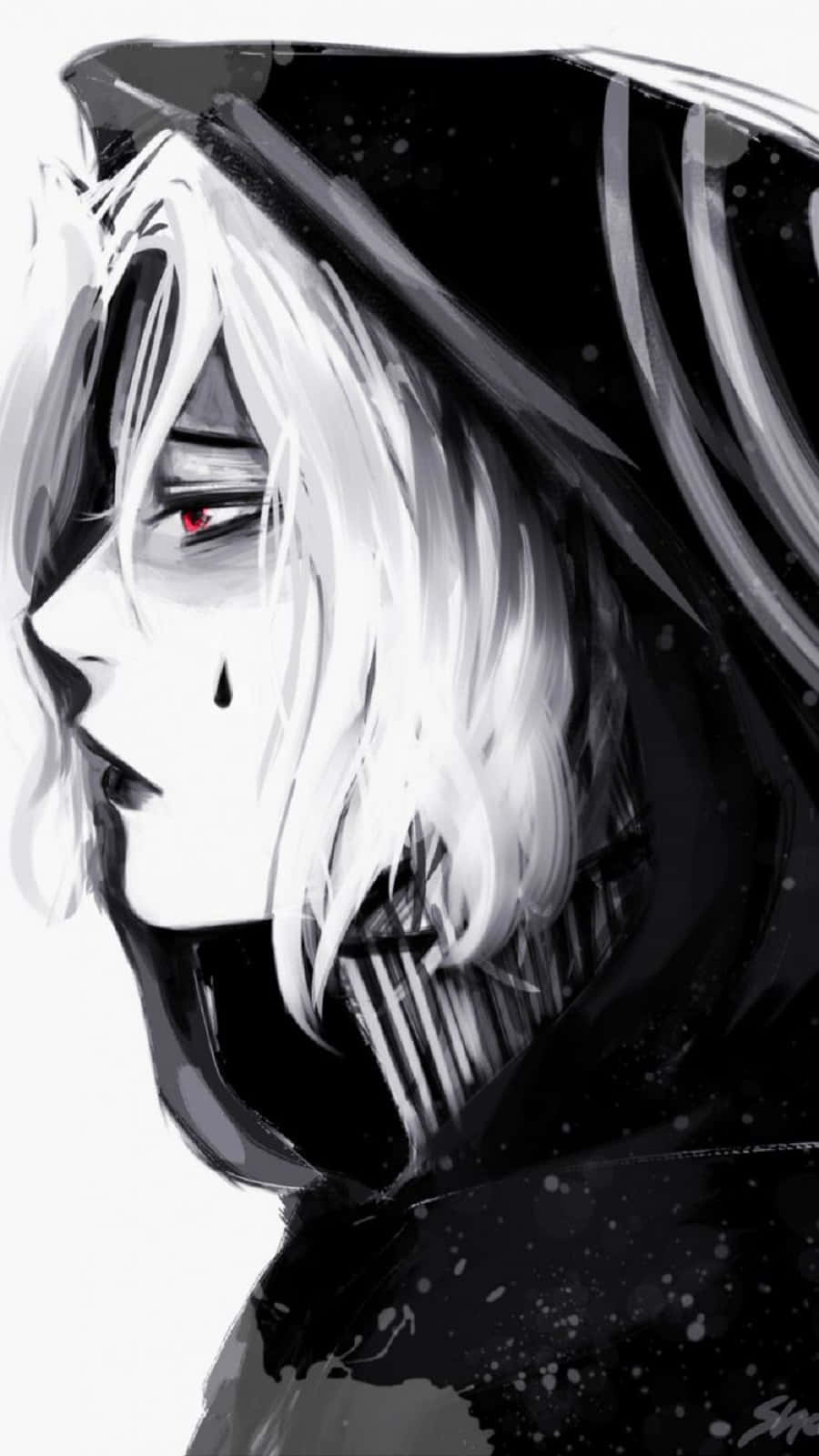 Seidou Takizawa 桌布 壁紙 — 一個黑白動畫角色，白髮紅眼，穿著深色連帽斗篷，流下一滴眼淚。