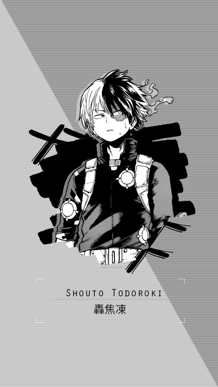 Todoroki Black 桌布 壁紙 — 一個黑白動畫角色，頭髮半金半黑，表情堅定，站在灰色背景前，背景有對角光線。