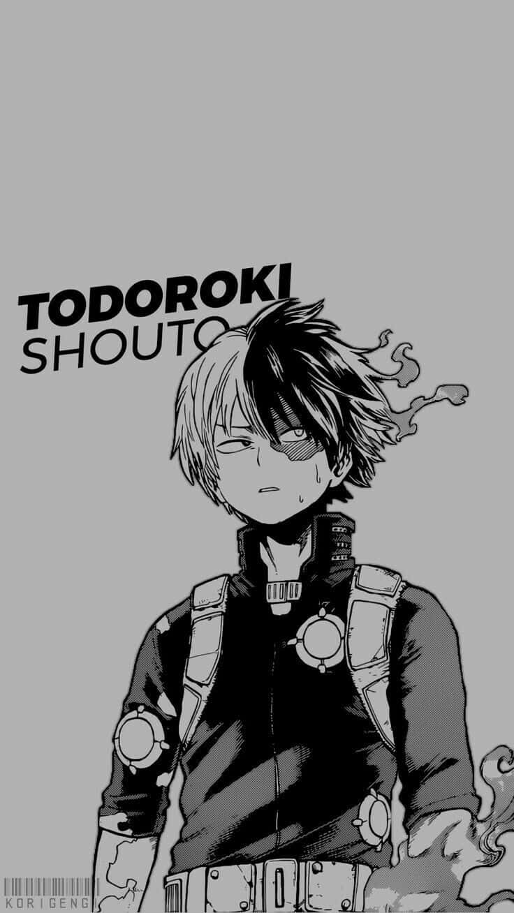 Todoroki Black 桌布 壁紙 — 一個黑白動畫角色，頭髮半黑半白，雙手冒著蒸氣，背景為灰色。