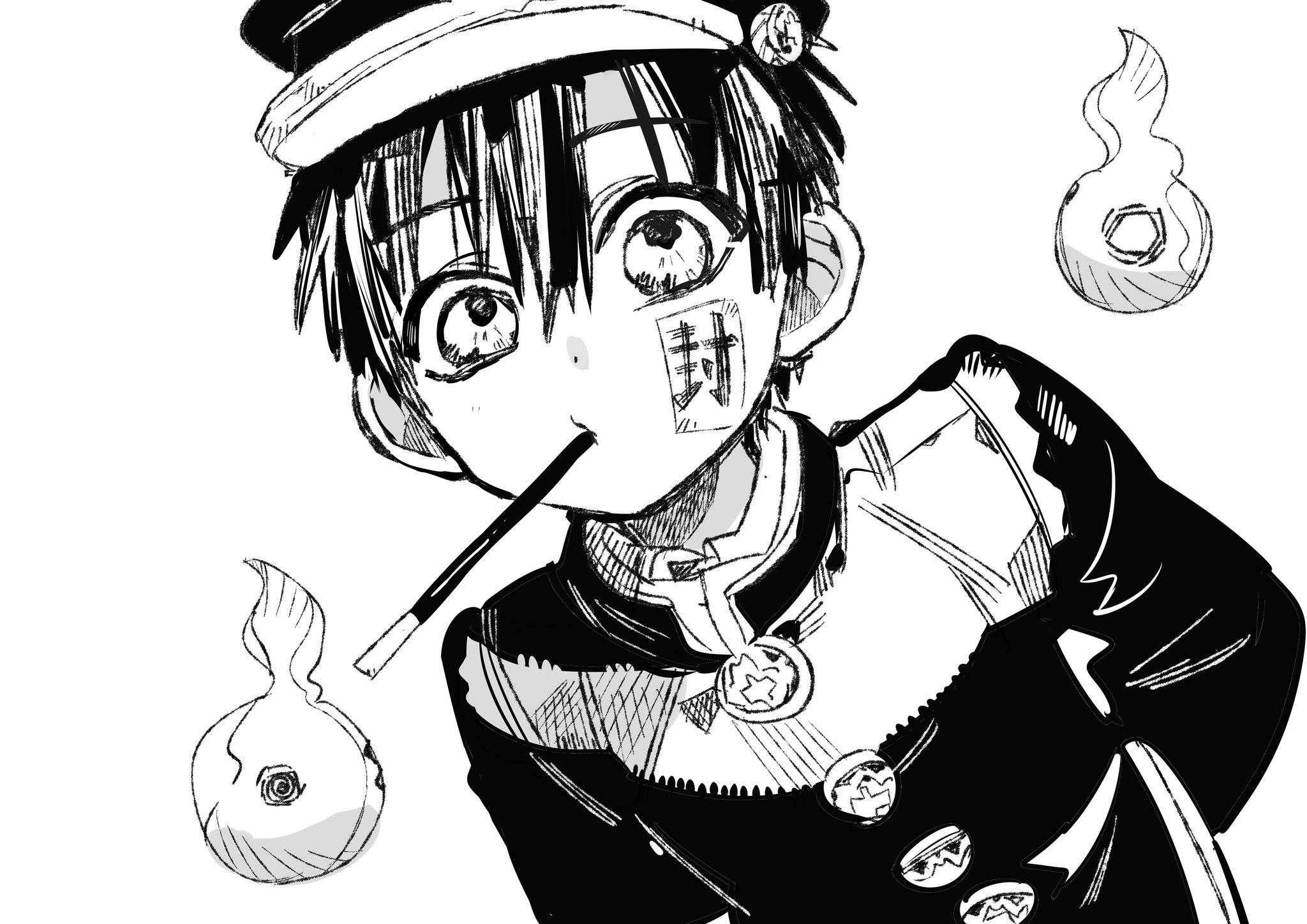 hanako 桌布 壁紙 — 一個黑白動畫角色帶著驚訝的表情，手持魔杖，附近漂浮著神秘球體。