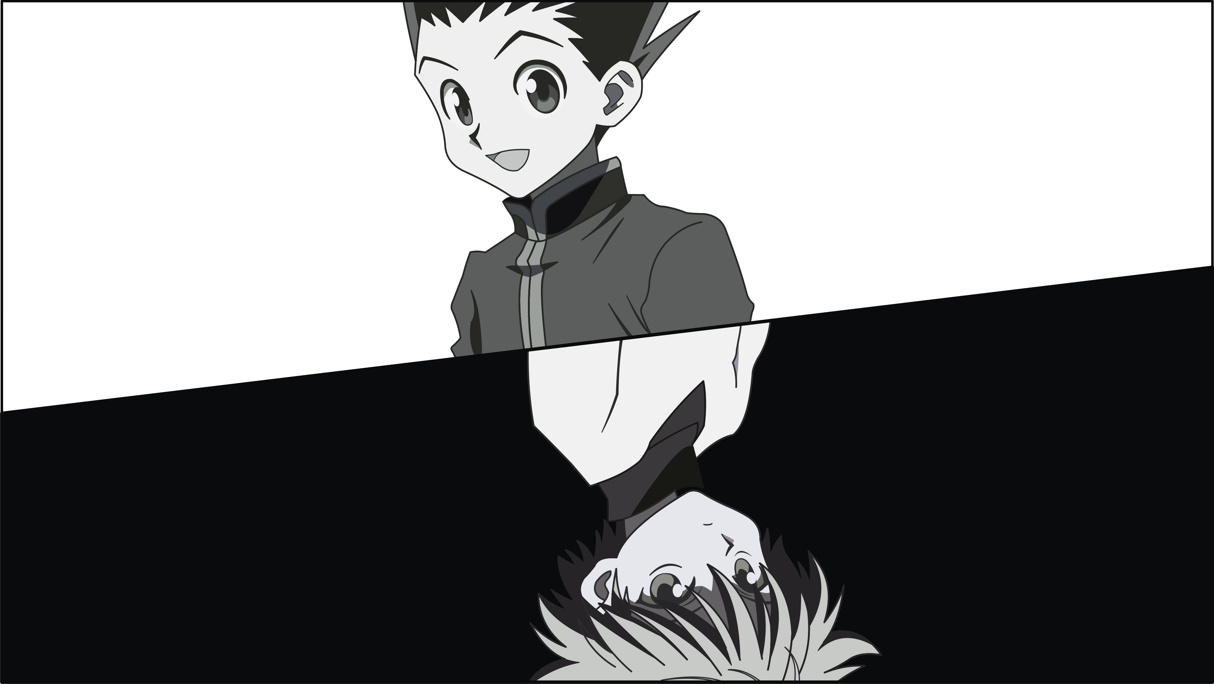 Gon And Killua 桌布 壁紙 — 一個黑白動畫角色從上方微笑，而他的翻轉版本從下方仰望，背景為鮮明的黑白背景。