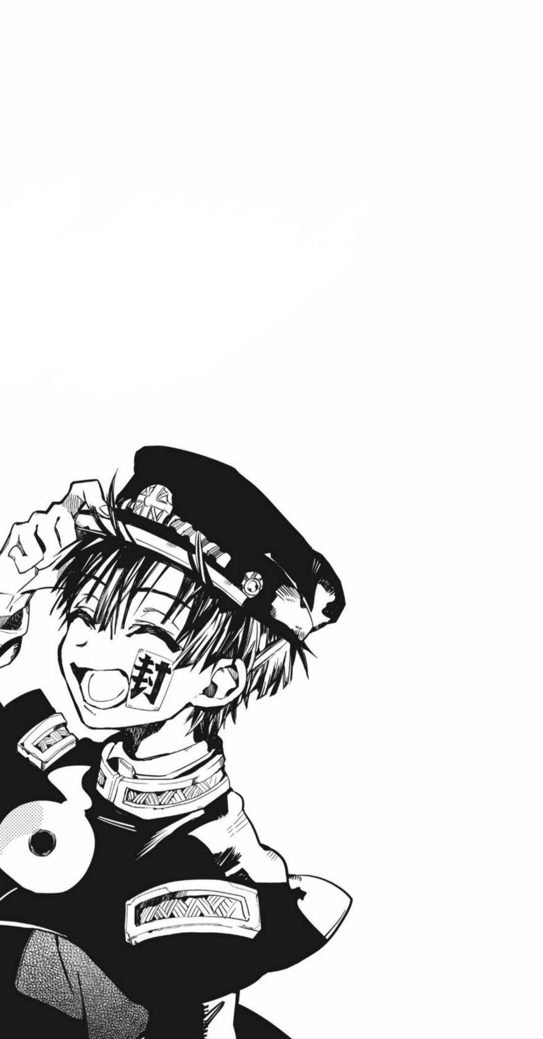 漫畫gif 桌布 壁紙 — 一個黑白動畫角色穿著軍服，一隻眼睛上方有漢字符號，開心地大笑。