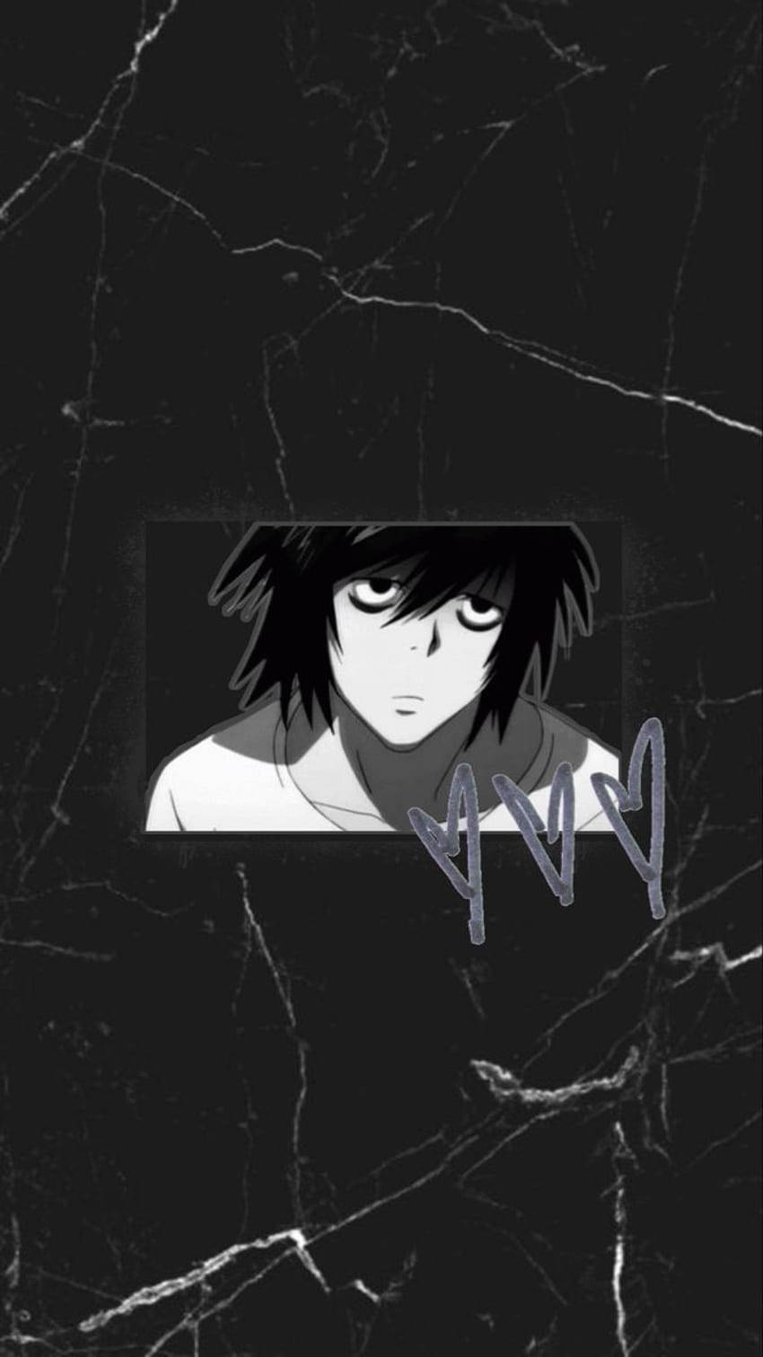 Death Note Aesthetic 桌布 壁紙 — 一個黑白動畫角色肖像，鑲嵌在黑色大理石背景中，帶有手寫簽名。