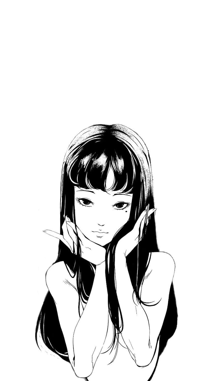 Tomie 桌布 壁紙 — 一個黑白動畫長髮女孩，在純白背景上輕輕將下巴擱在手上。