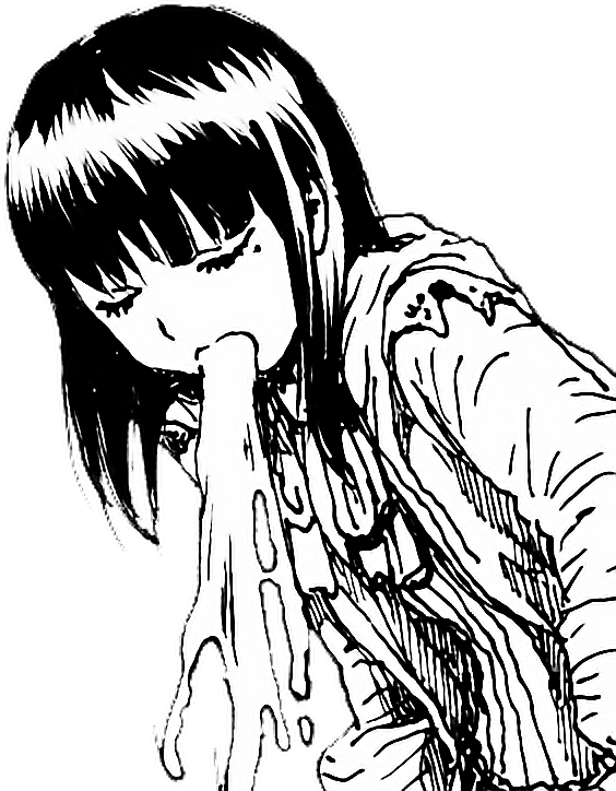Sketch Art 桌布 壁紙 — 一個黑白動畫長髮女孩向前傾，濃稠液體從她嘴裡滴到胸前。