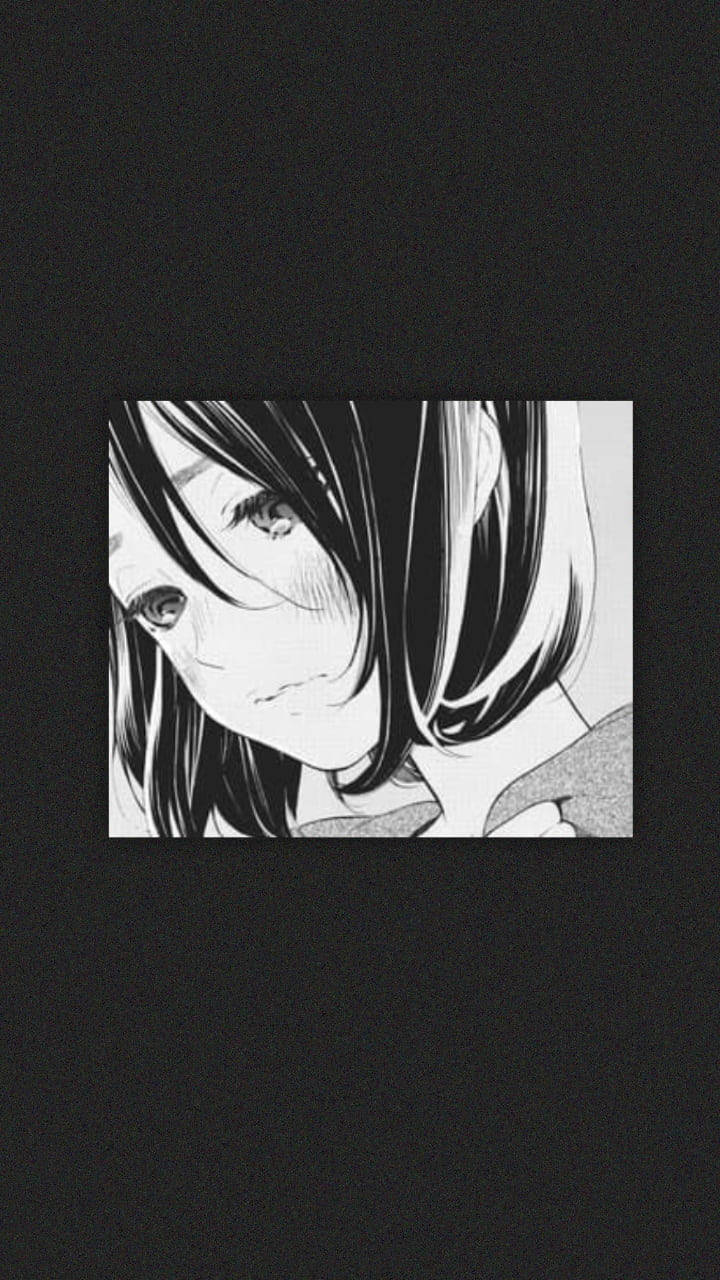 動漫女孩 桌布 壁紙 — 一個黑白動畫長髮女孩在深色紋理背景上向下凝視。
