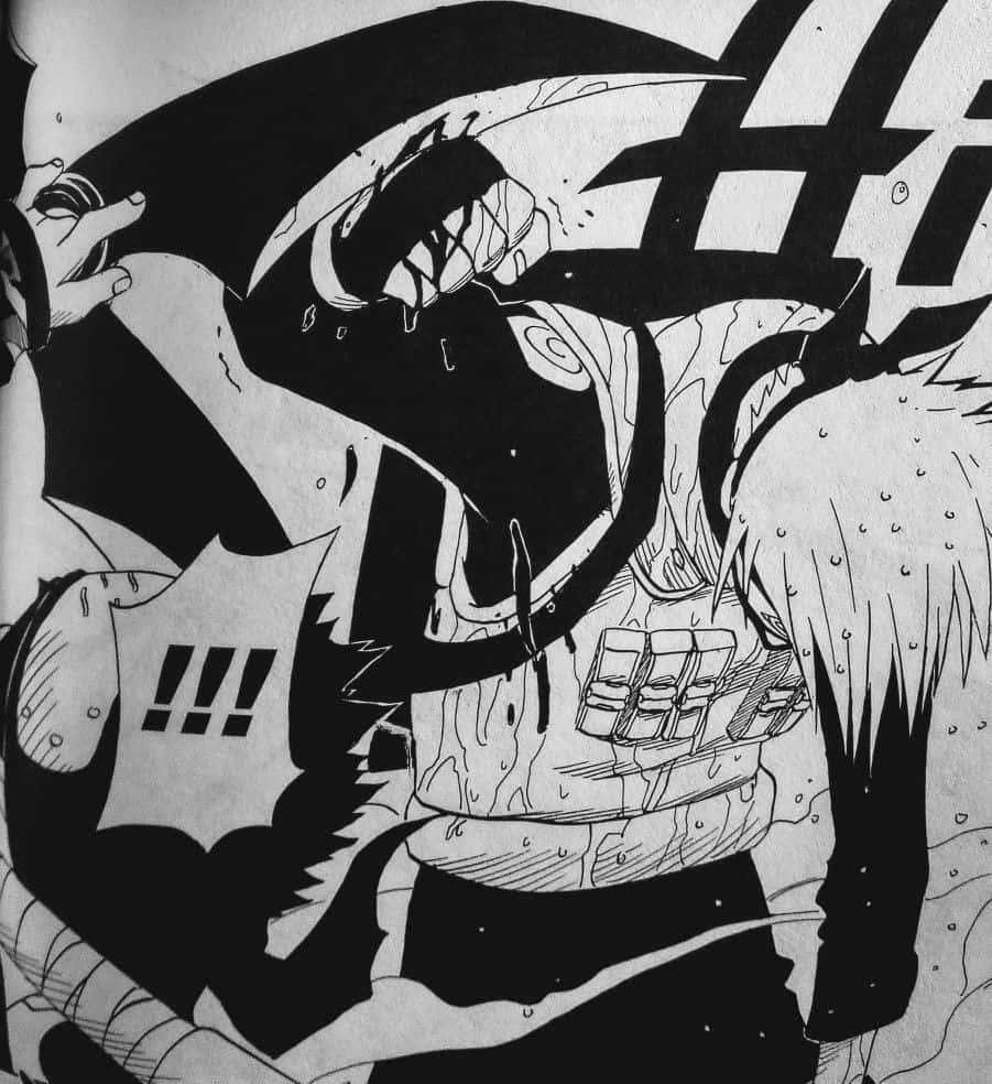 Kakashi And Zabuza 桌布 壁紙 — 一個黑白動畫面板顯示一個戴面具的戰士以動態戰鬥姿勢，汗水和動作線條強調激烈的動作。