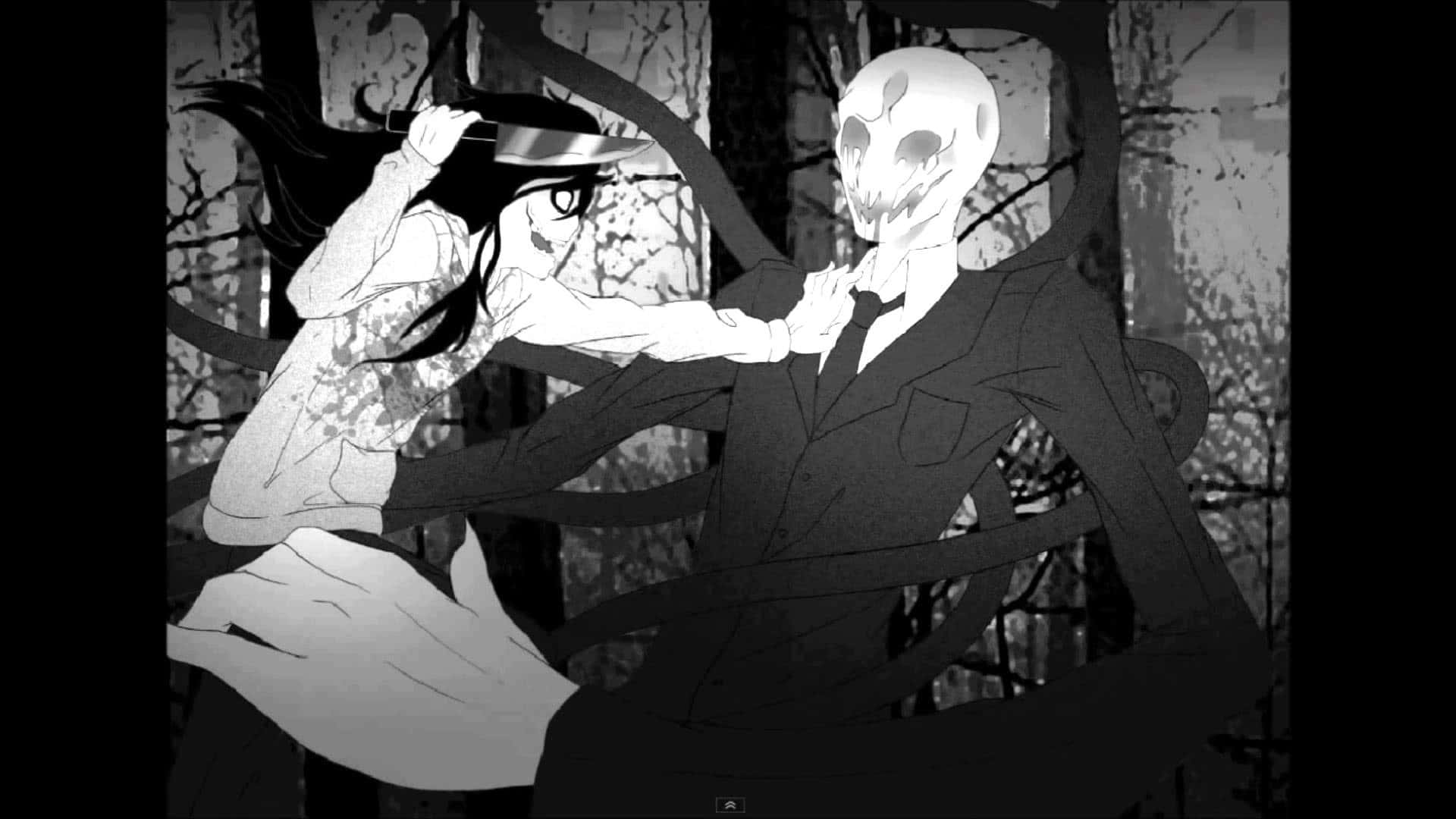 Jeff The Killer 桌布 壁紙 — 一個黑白動畫風格場景，長髮女孩在扭曲的樹枝間與穿著西裝的骷髏男戰鬥。