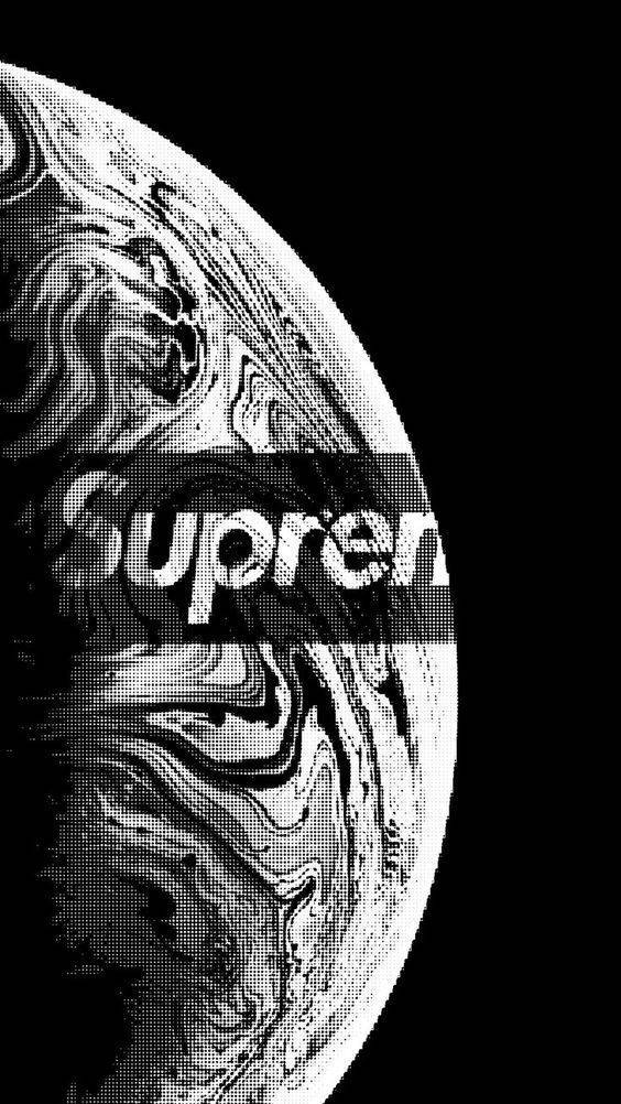 black supreme 桌布 壁紙 — 一個黑白半色調球體，帶有漩渦紋理和部分被遮擋的 'Supreme' 標誌，背景為深色。