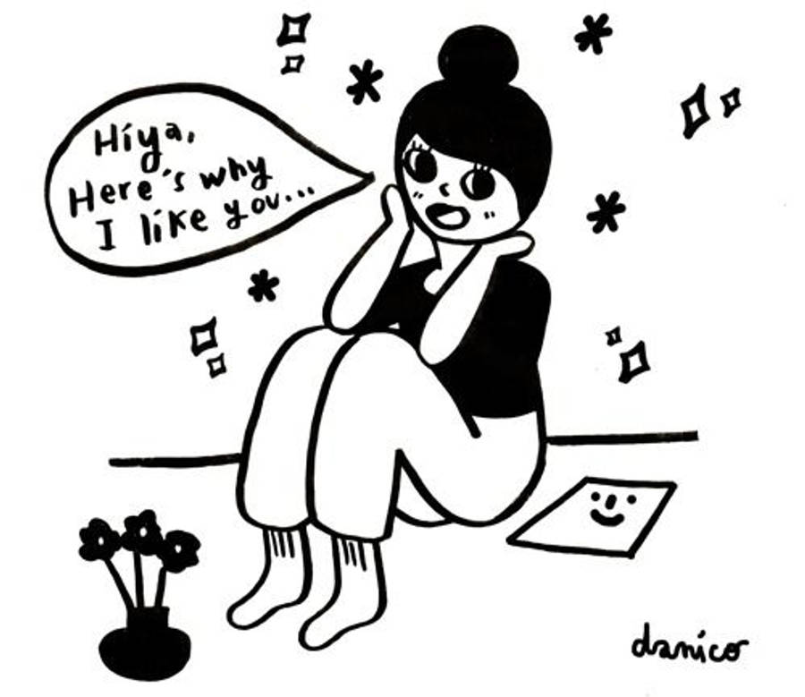black cute girly 桌布 壁紙 — 一個黑白卡通女孩紮著髮髻盤腿而坐，說「嗨，這是我喜歡你的原因...」，旁邊有一本微笑的書和花朵。
