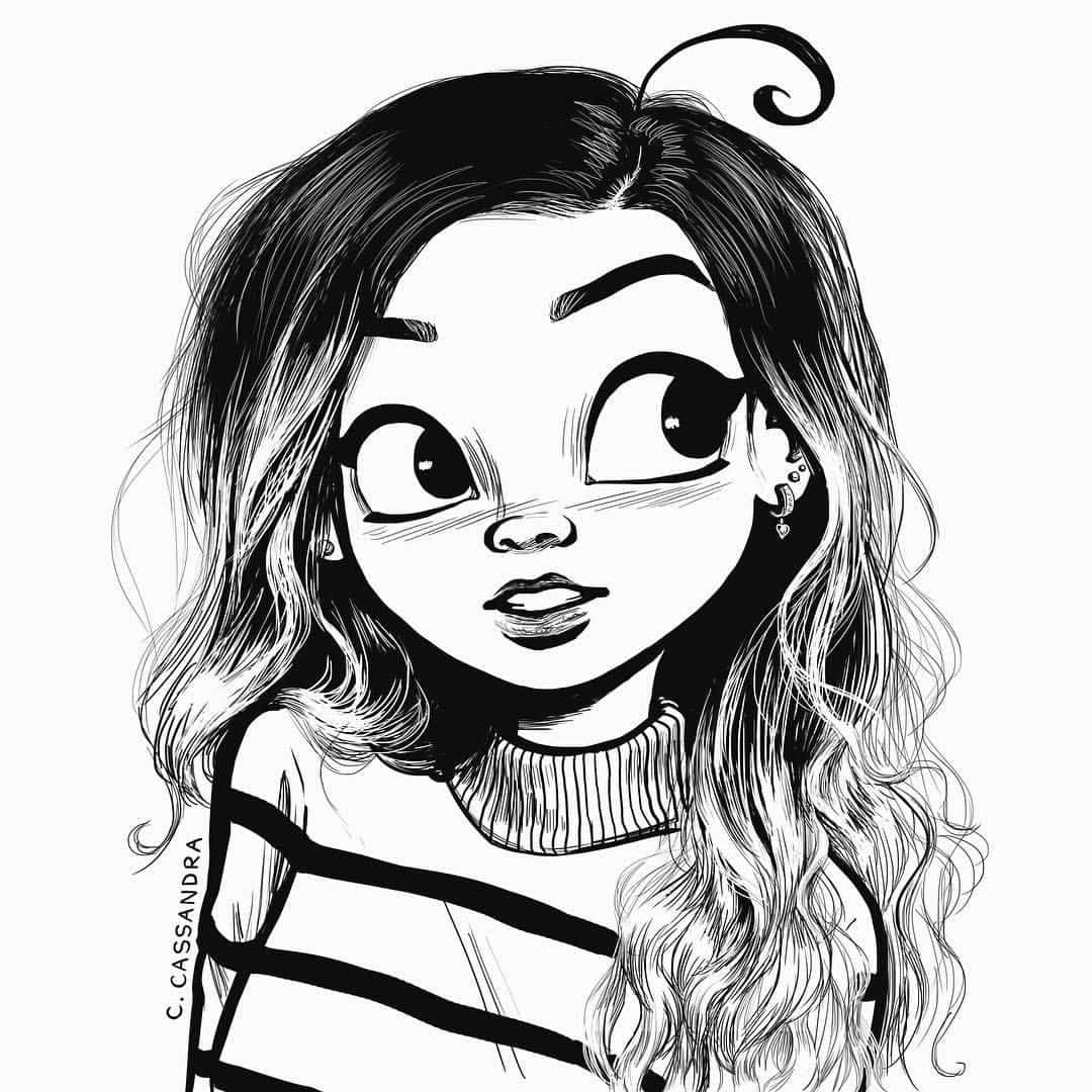桌布 壁紙 — 一個黑白卡通插圖，描繪一個大眼睛、捲髮的女孩，穿著條紋毛衣。