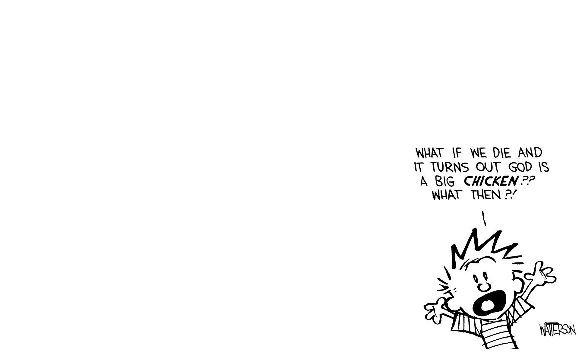Hobbes 桌布 壁紙 — 一個黑白卡通男孩，頭髮尖尖，大喊一個關於上帝是一隻大雞的哲學問題。