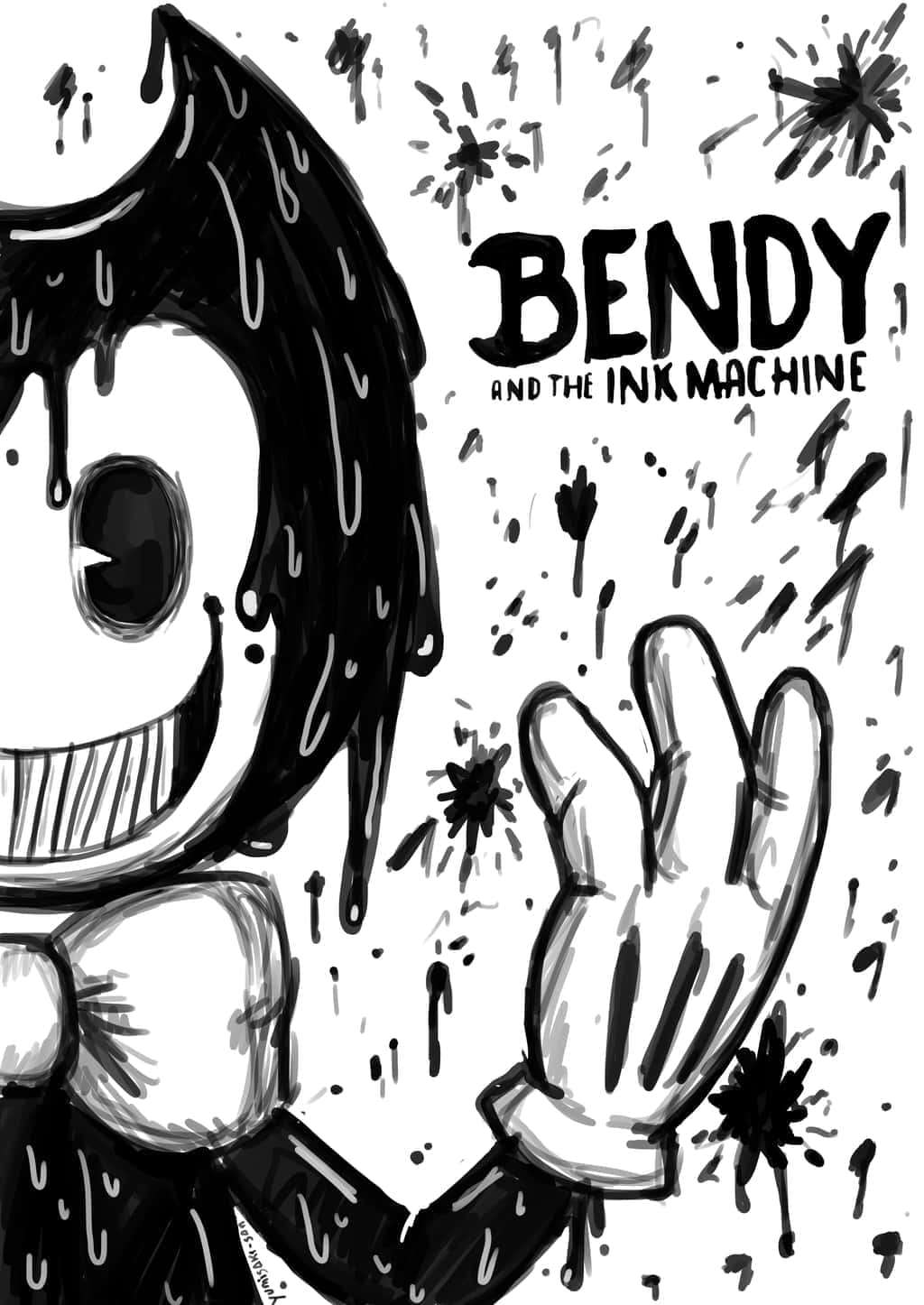 bendy and the ink machine 桌布 壁紙 — 一個黑白卡通角色，頭髮滴著墨水，咧嘴大笑，在墨水飛濺中揮手，標題為 Bendy and the Ink Machine。