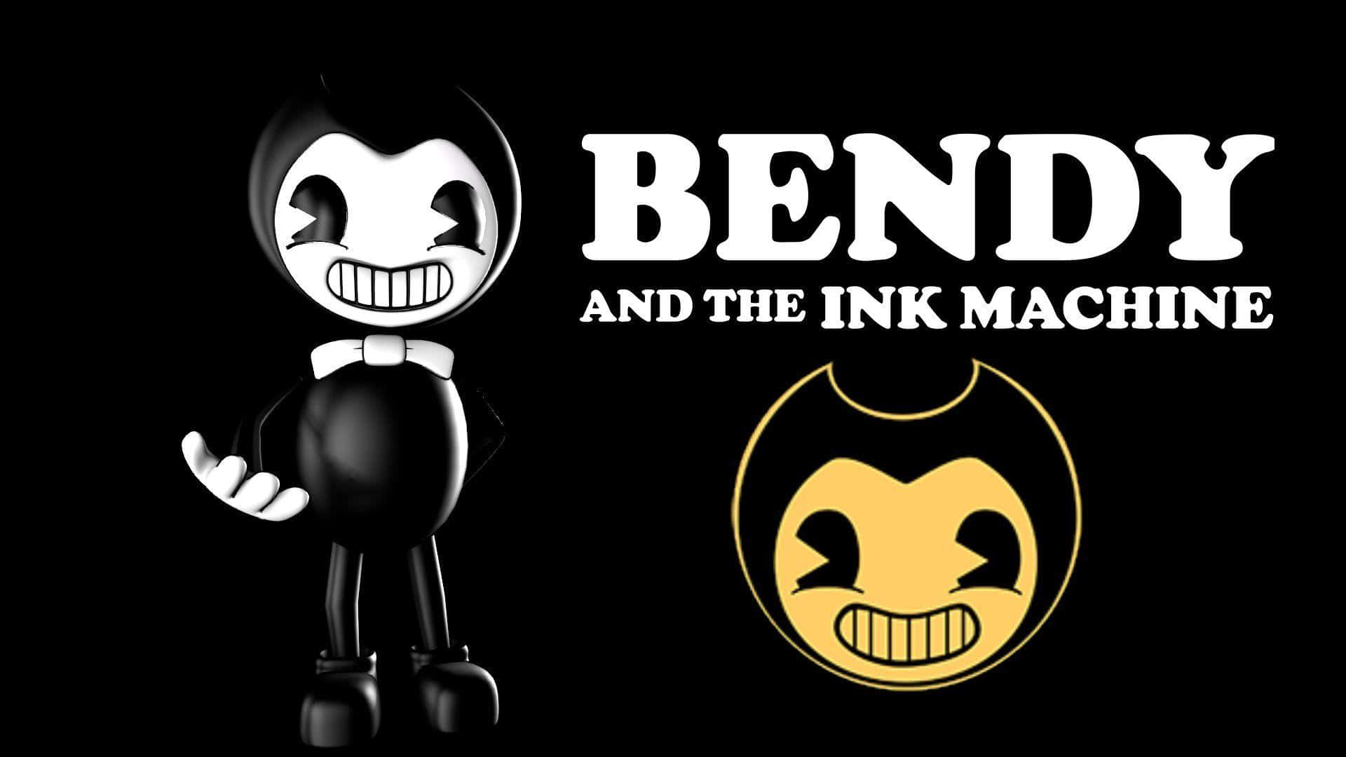 Bendy 桌布 壁紙 — 一個黑白卡通角色咧嘴大笑，站在標題 Bendy and the Ink Machine 和一個黃色圓形標誌旁邊。