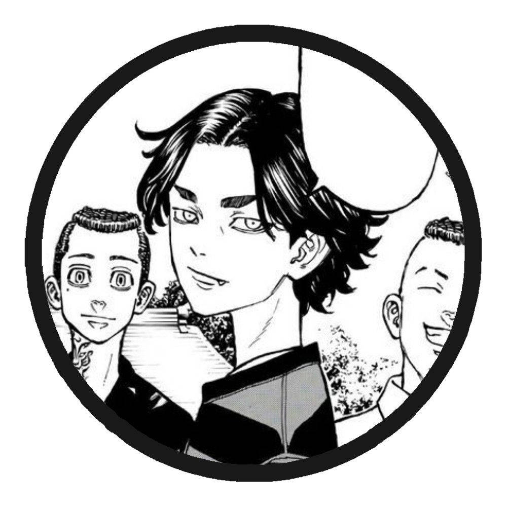 Baji 桌布 壁紙 — 一個黑白圓形動漫肖像，描繪三位微笑的年輕男性，各有獨特的髮型和表情。