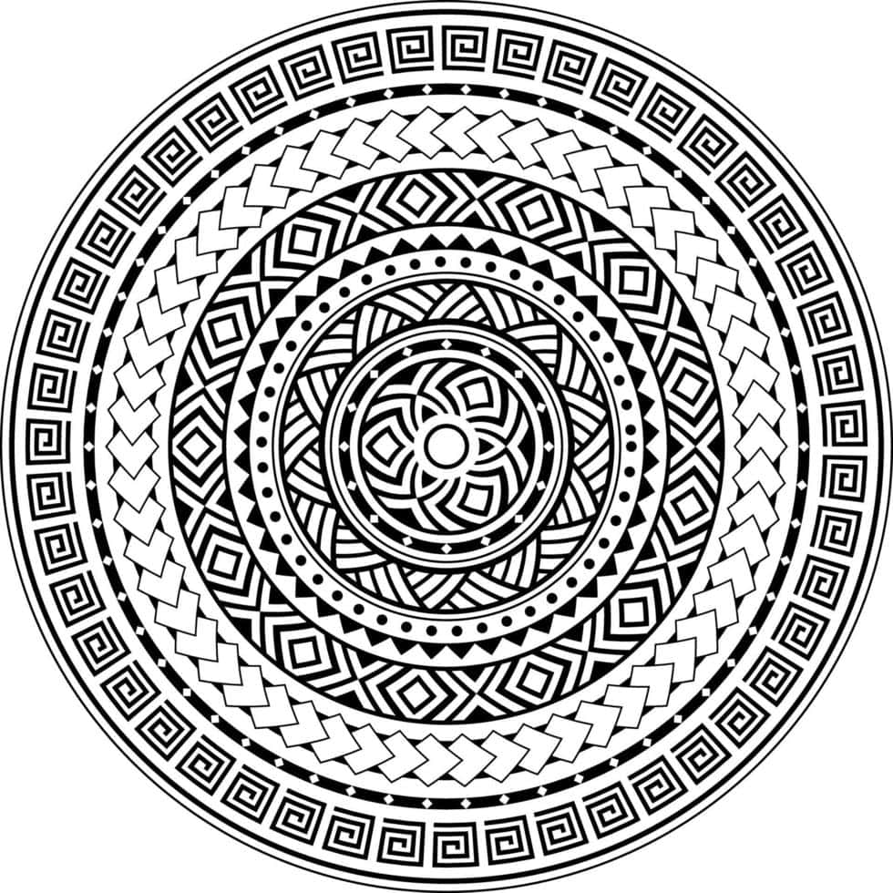 Tribal 桌布 壁紙 — 一個黑白圓形曼陀羅，從中央花卉圖案輻射出複雜的幾何圖案。