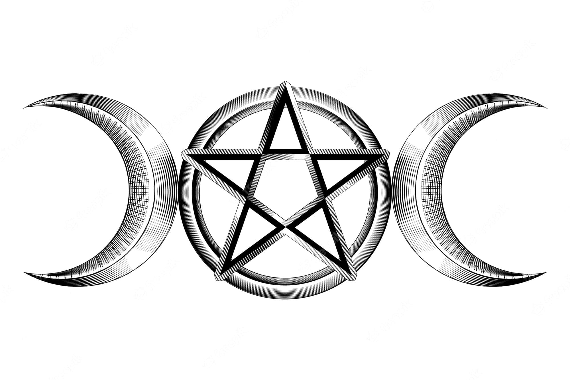 Pagan 桌布 壁紙 — 一個黑白圖案，包含一個被圓圈包圍的五角星，兩側有兩個新月，帶有陰影線細節。
