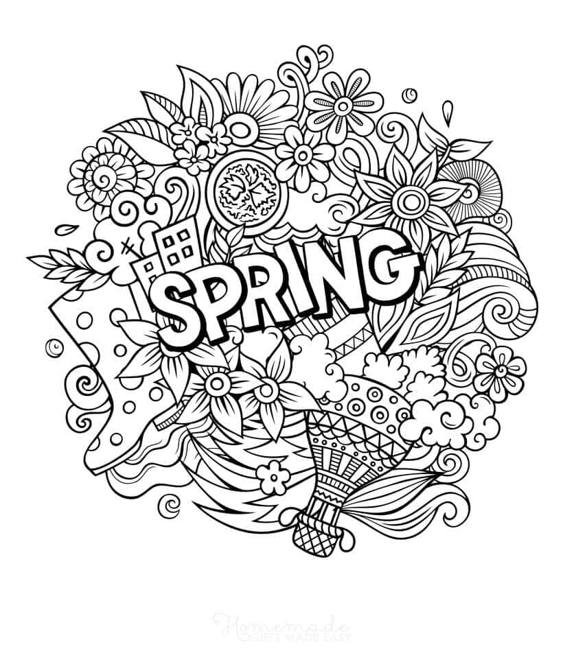 Spring Coloring 桌布 壁紙 — 一個黑白塗鴉藝術圓圈，充滿花朵、漩渦和「春天」字樣，周圍環繞著熱氣球和樹木圖案。