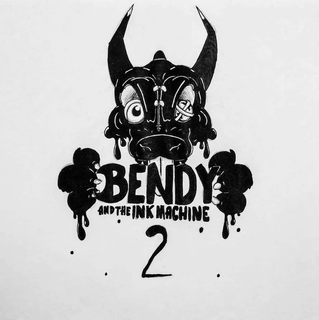 bendy and the ink machine 桌布 壁紙 — 一個黑白墨水滴落的標誌，上面有一個帶角的卡通角色，一隻眼睛纏著繃帶，位於文字 Bendy and the Ink Machine 2 上方。