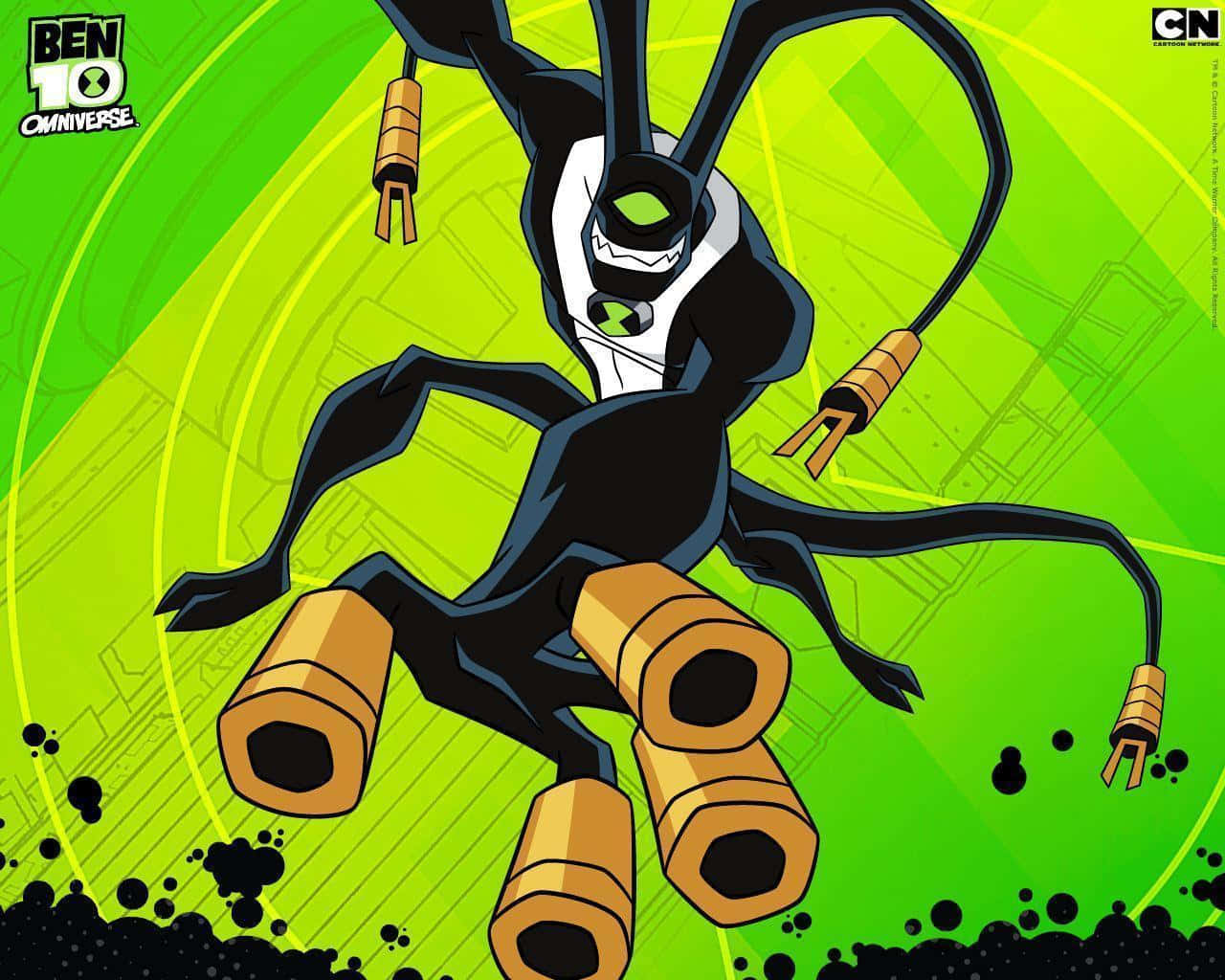 Ben 10 桌布 壁紙 — 一個黑白外星人，擁有發光的綠色眼睛和金色大砲般的肢體，在充滿活力的綠色背景前動態擺姿勢。