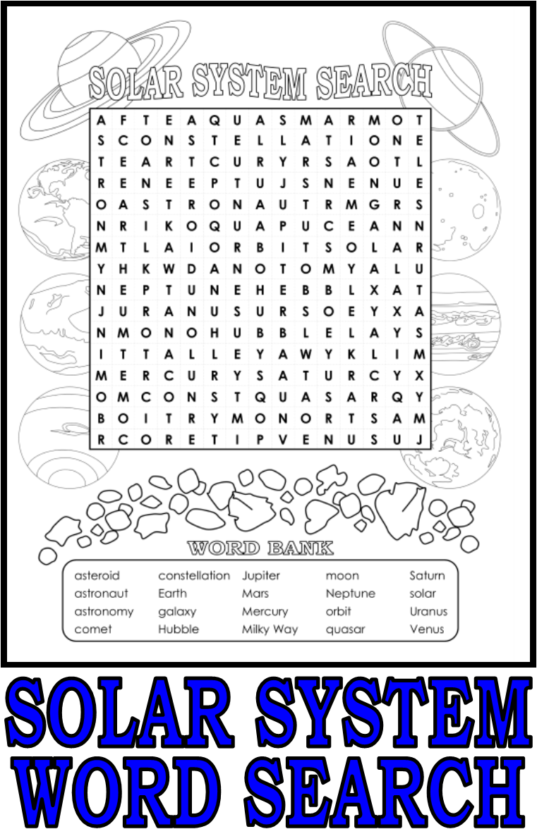 Puzzle 桌布 壁紙 — 一個黑白太陽系單詞搜索謎題，包含行星和單詞庫，適合兒童。