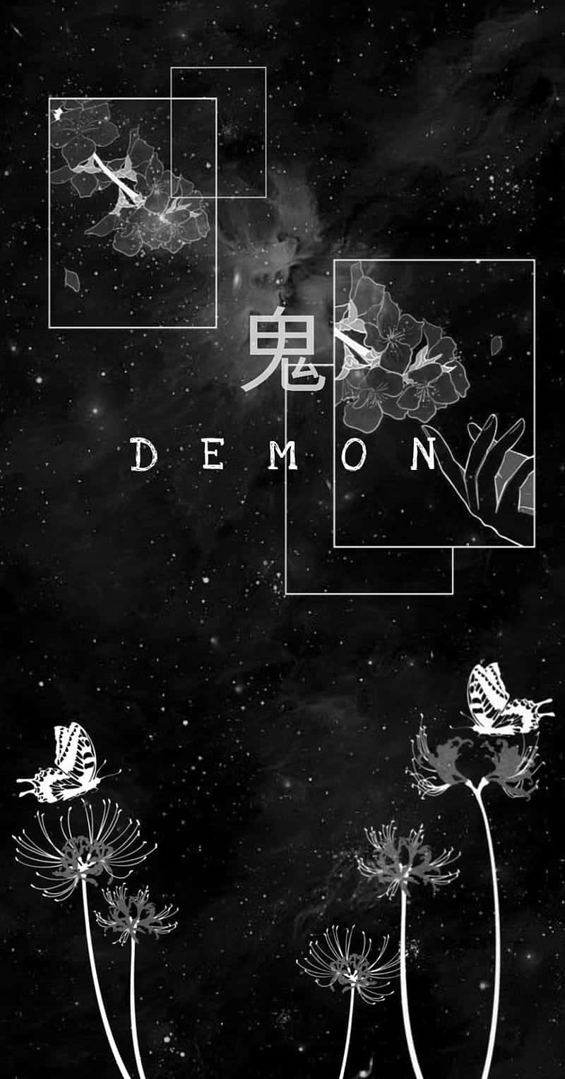 Dope Tumblr iPhone 桌布 壁紙 — 一個黑白宇宙風格的桌布，上面有鬼魅的花朵、蝴蝶以及「惡魔」這個詞，背景是星光閃爍的夜空。