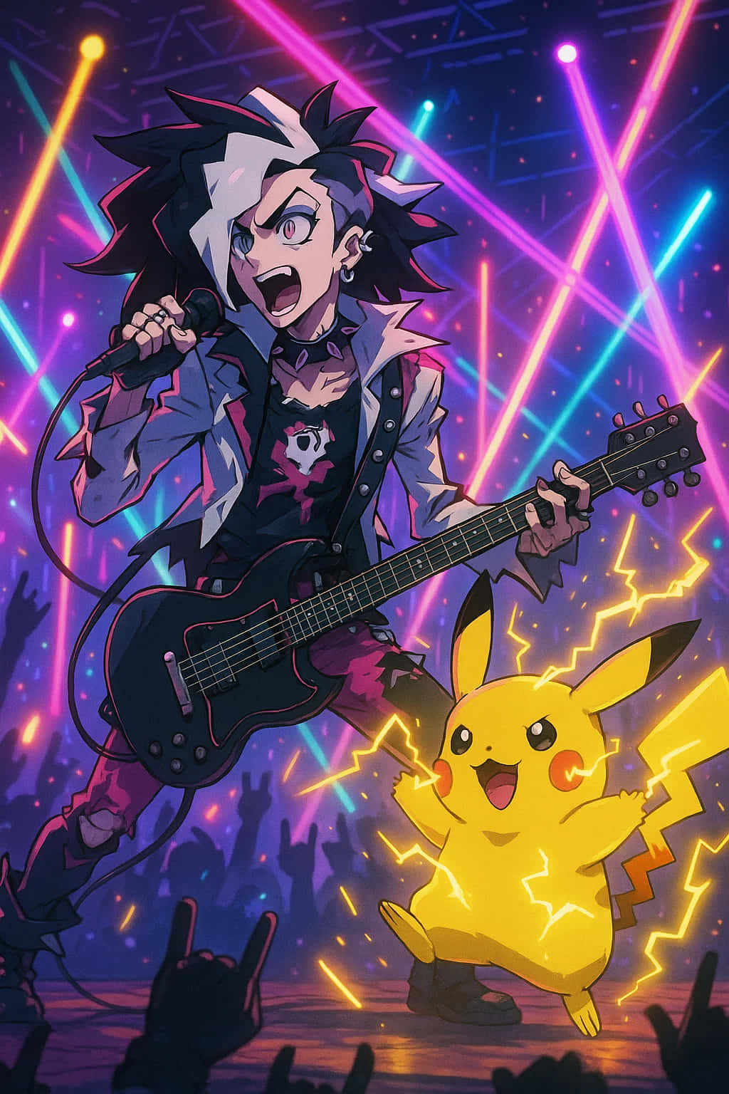 Pikachu HD Wallpaper WEBP 4K Background Download 壁紙 — 一個黑白尖刺頭髮的龐克搖滾歌手彈著吉他並對著麥克風唱歌，而皮卡丘在霓虹燈光下在他旁邊充滿活力地放電。