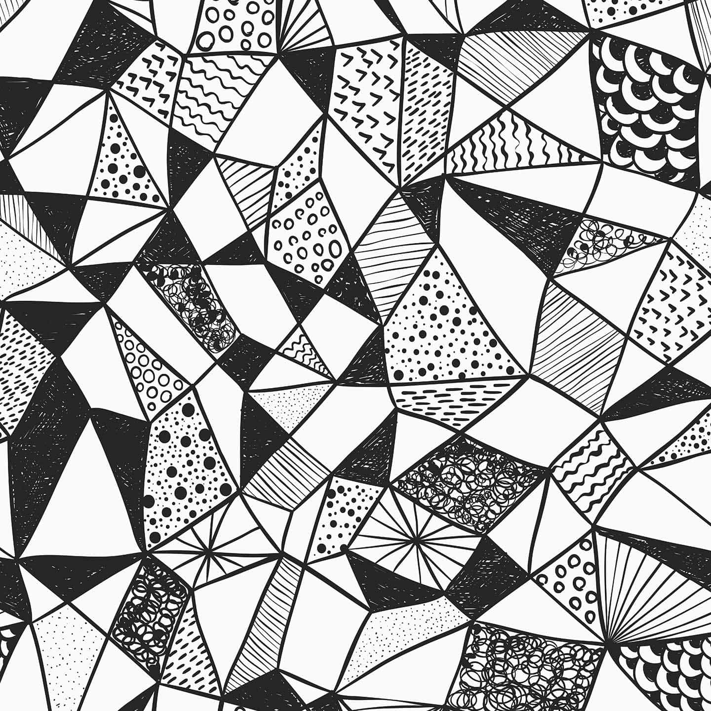 Black And White Geometric 桌布 壁紙 — 一個黑白幾何圖案，由不規則的多邊形瓷磚組成，上面充滿了各種手繪紋理和塗鴉圖案。