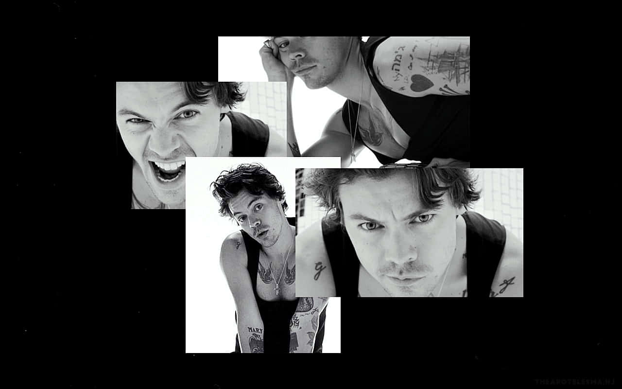 Harry Styles Collage 桌布 壁紙 — 一個黑白強烈特寫肖像拼貼，展示一個刺青男子在深色背景前的各種表情。