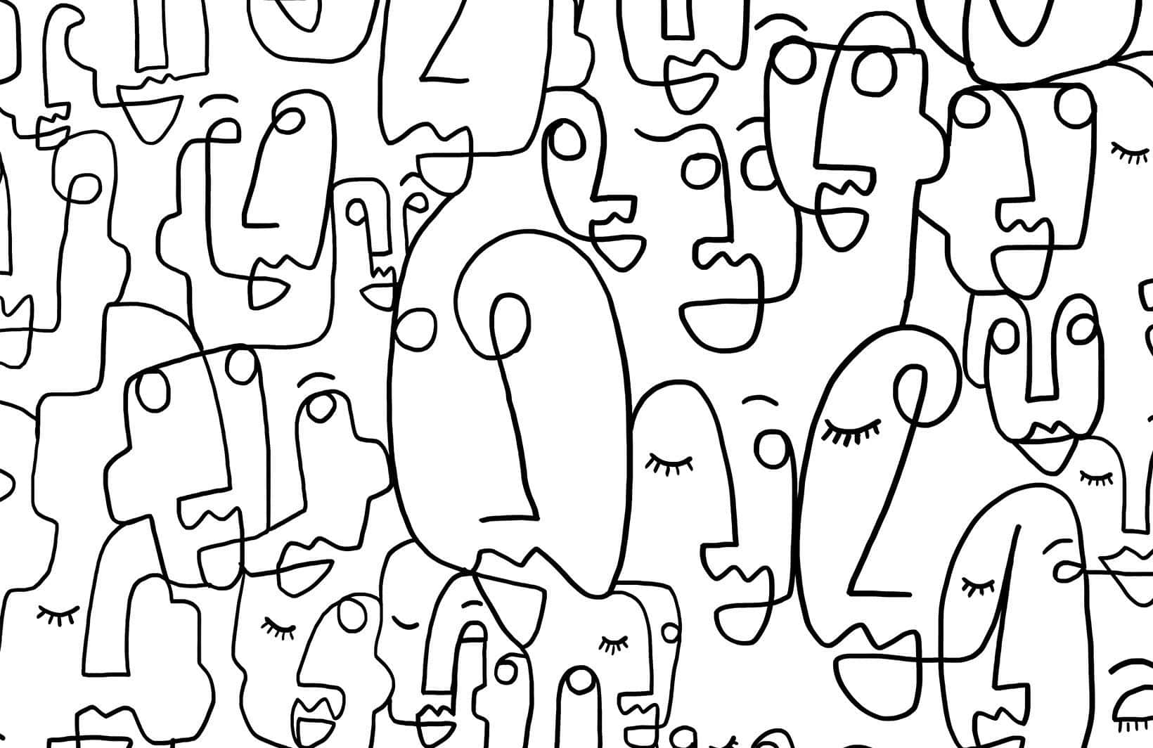faces 桌布 壁紙 — 一個黑白抽象圖案，包含風格化的面孔，採用簡單線條藝術和多種表情。