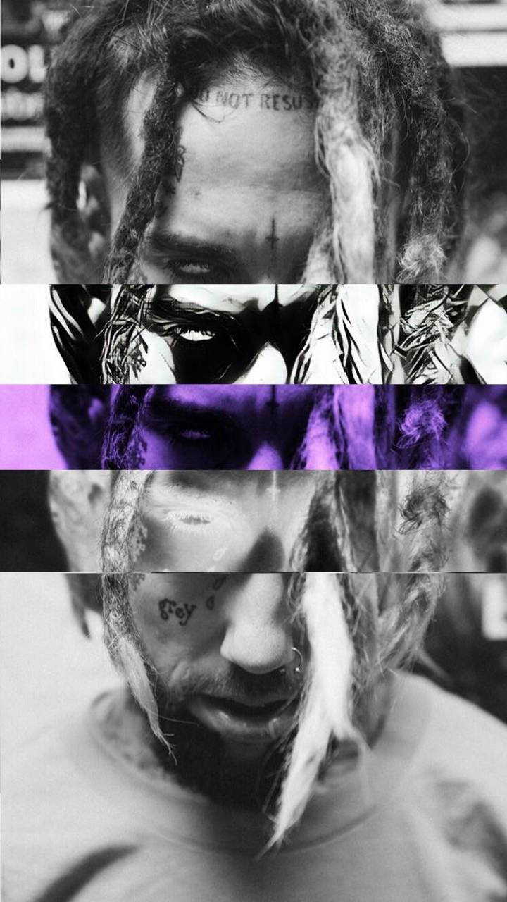 suicideboys 桌布 壁紙 — 一個黑白拼貼，展示一名留有辮子頭和刺青的男子面孔，分佈在四個面板上，其中一個帶有紫色燈光。