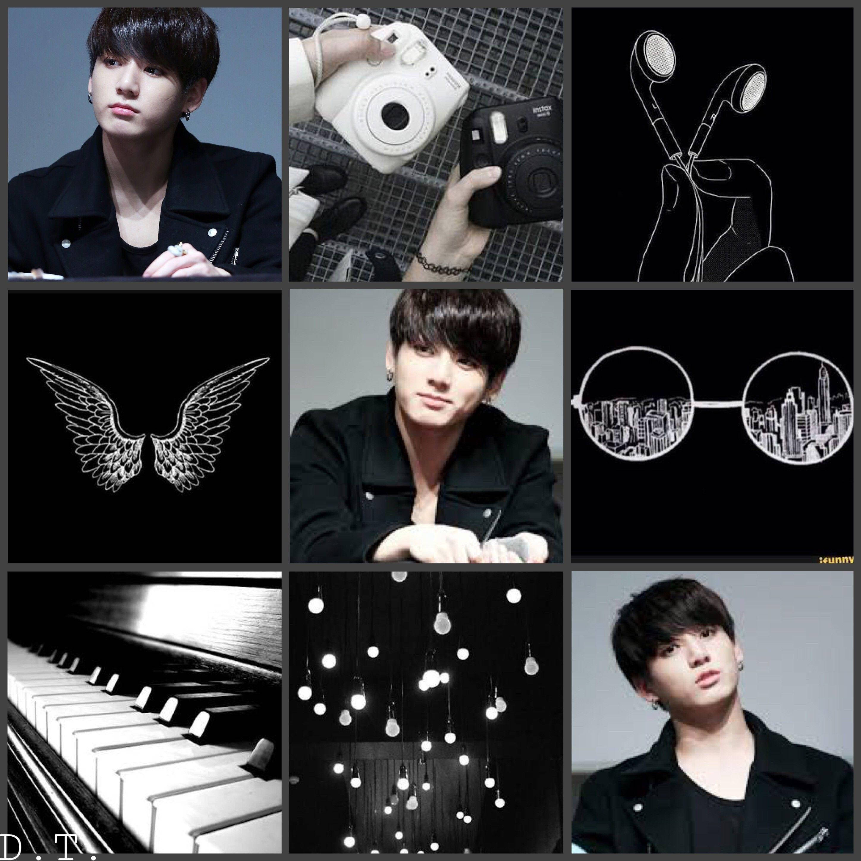 Jungkook Aesthetic 桌布 壁紙 — 一個黑白拼貼畫，描繪一位身穿外套的年輕男子、即時相機、耳機、翅膀、城市眼鏡、鋼琴琴鍵和懸掛的燈飾。
