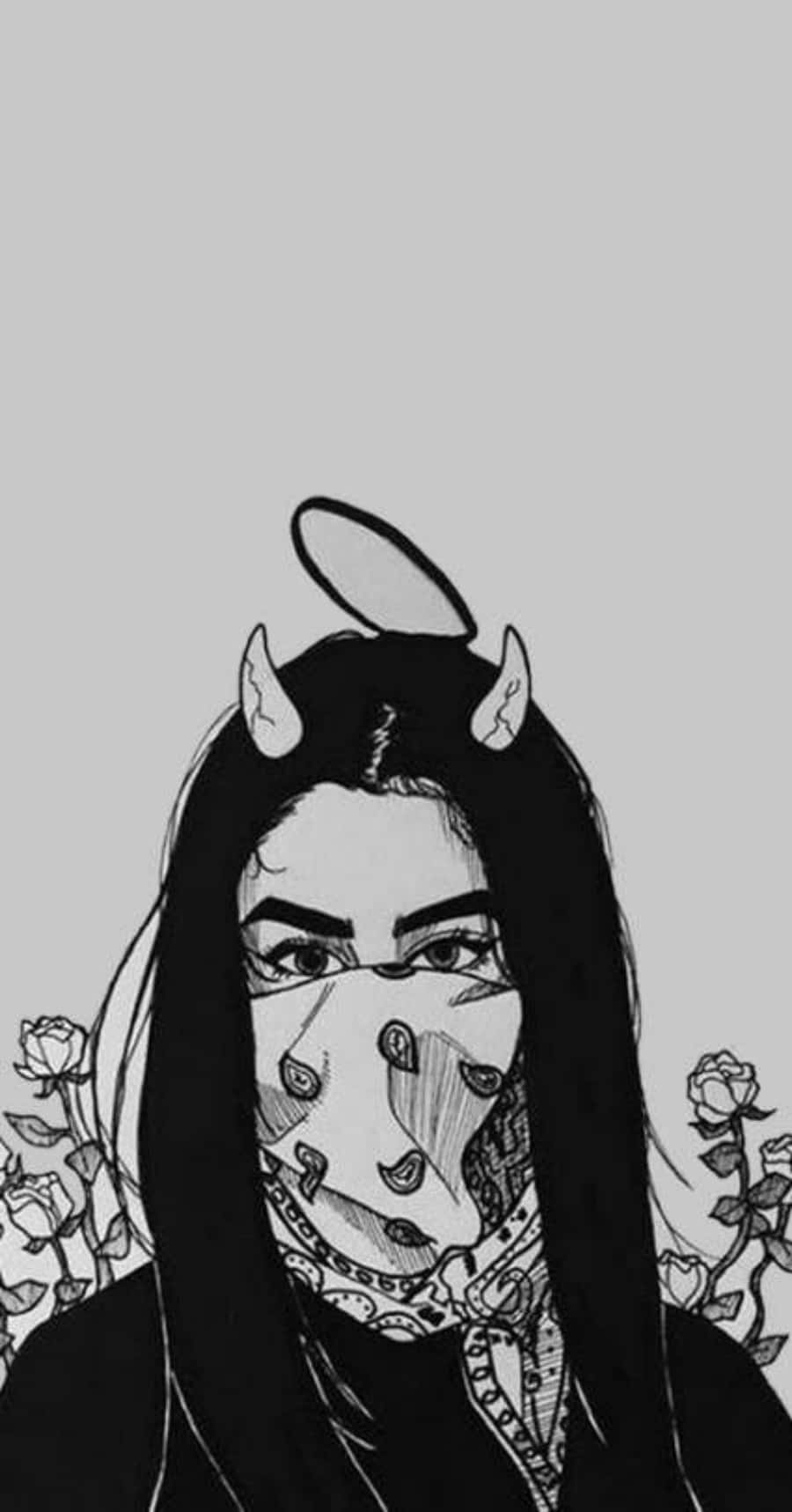 油漬搖滾 桌布 壁紙 — 一個黑白插圖人物，有惡魔角和天使光環，在玫瑰藤蔓中戴著圖案頭巾遮住臉。