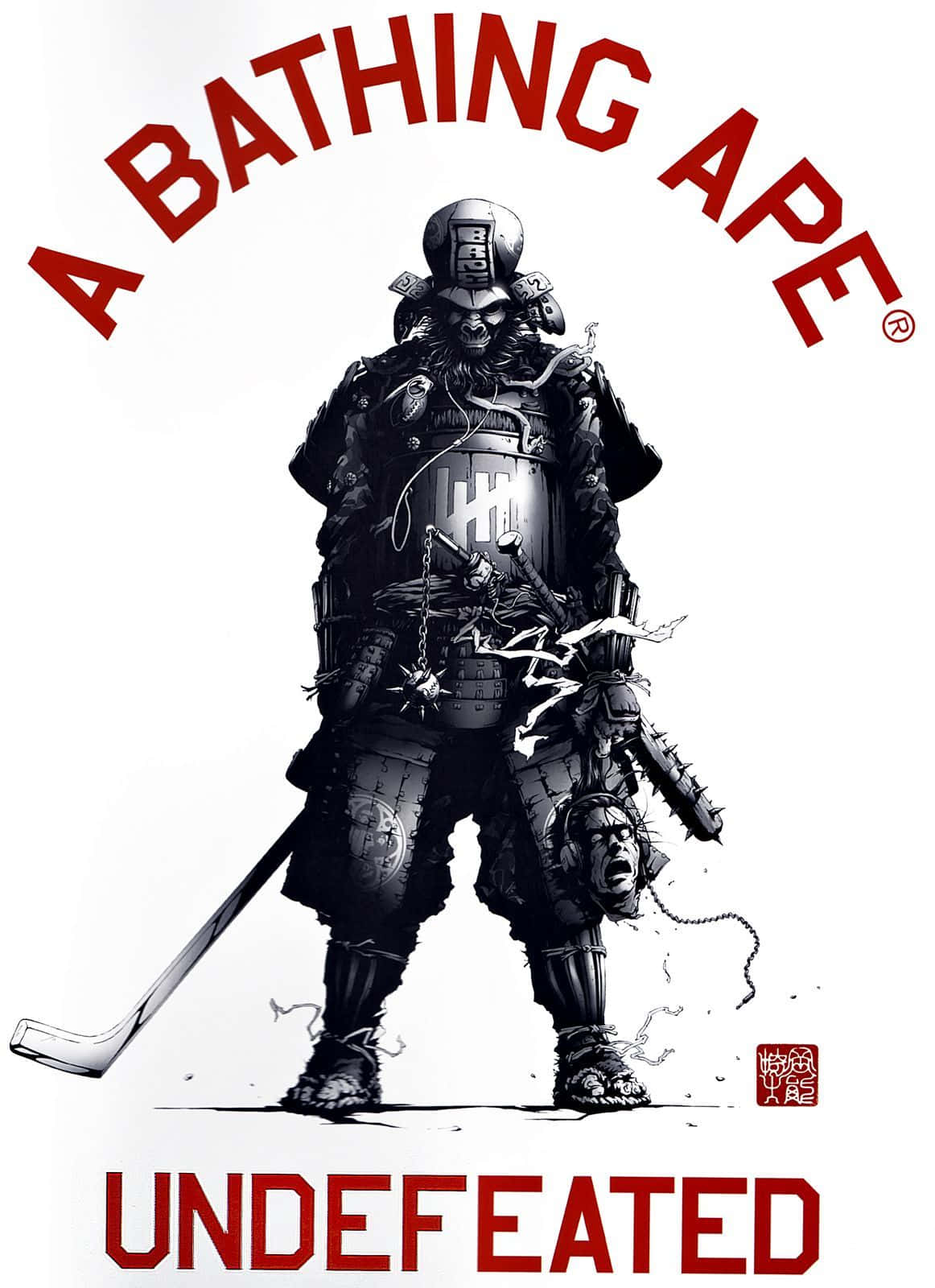 Sneaker 桌布 壁紙 — 一個黑白插圖的武士穿著全套盔甲，手持曲棍球棒，腳邊有一個尖叫的猿頭。
